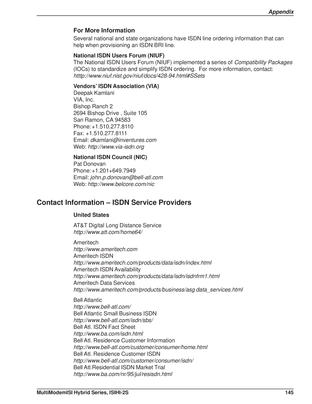 Multi Tech Equipment ISIHI-2S Contact Information Isdn Service Providers, For More Information, National Isdn Council NIC 