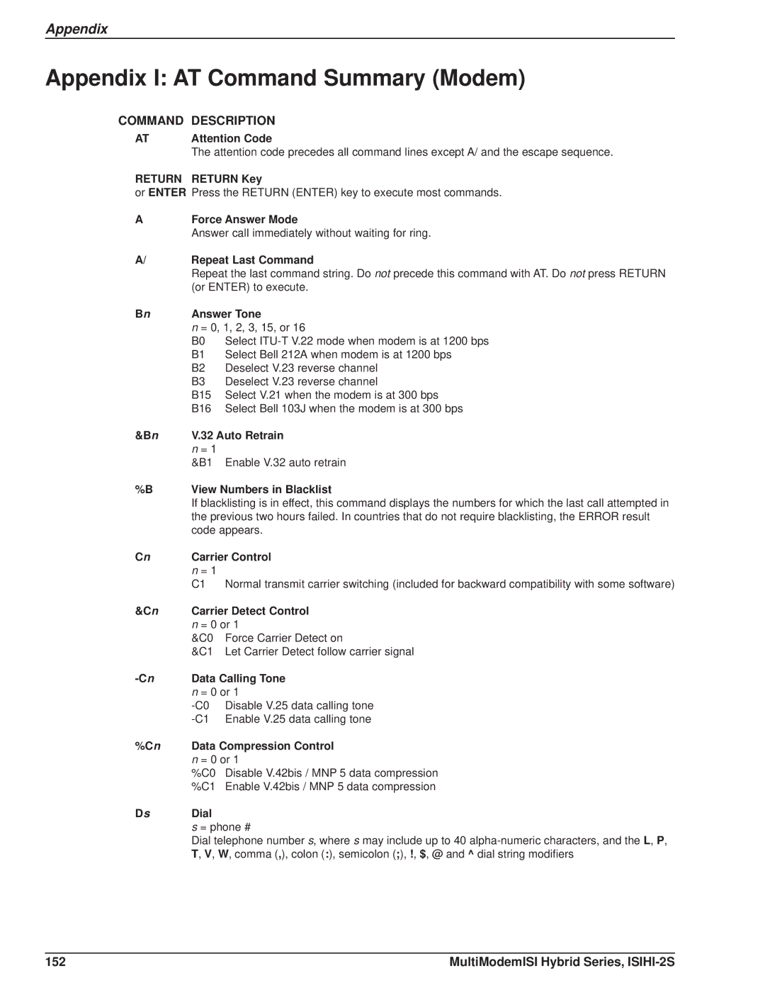 Multi Tech Equipment ISIHI-2S manual Appendix I AT Command Summary Modem, Command Description 