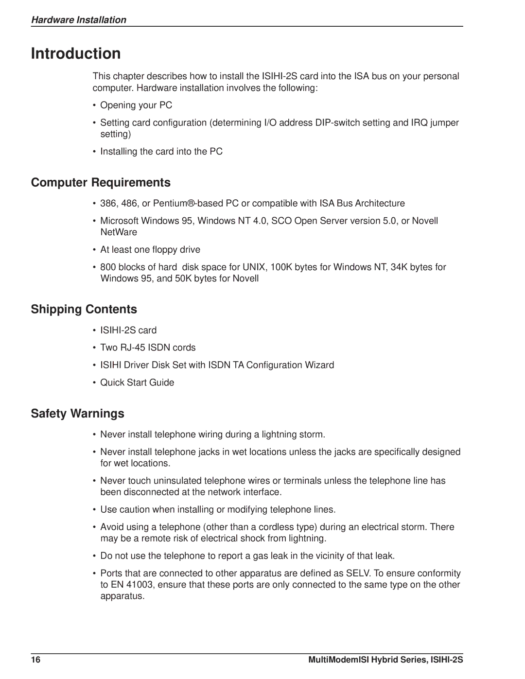 Multi Tech Equipment ISIHI-2S manual Introduction, Computer Requirements, Shipping Contents, Safety Warnings 