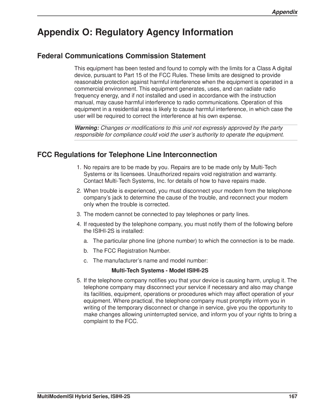 Multi Tech Equipment manual Appendix O Regulatory Agency Information, Multi-Tech Systems Model ISIHI-2S 