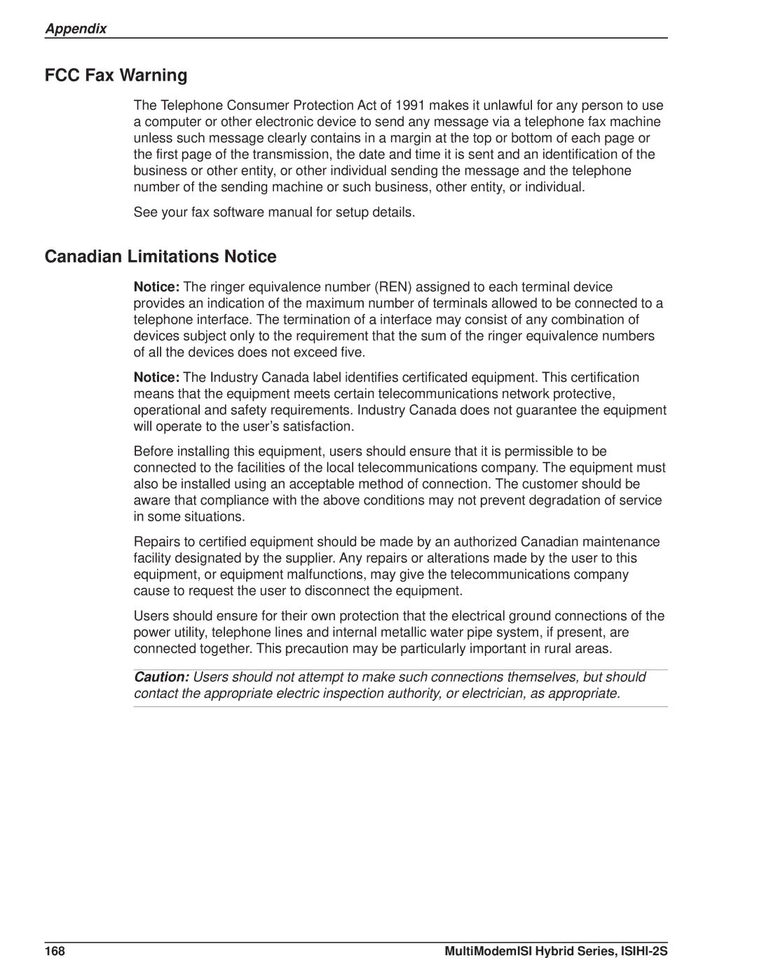 Multi Tech Equipment ISIHI-2S manual FCC Fax Warning, Canadian Limitations Notice 