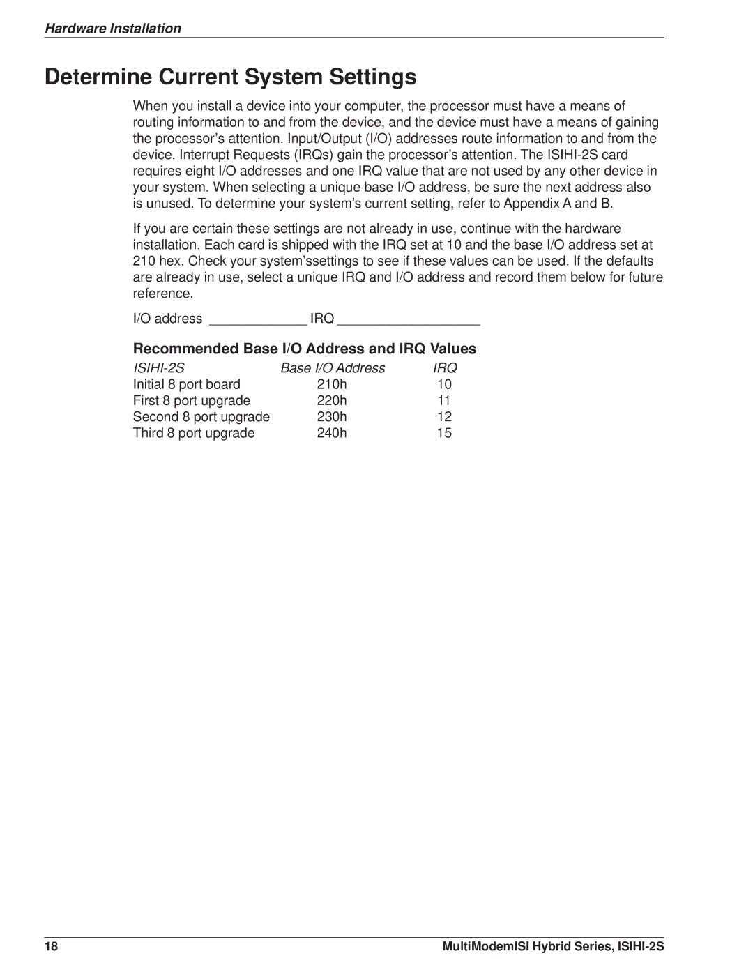 Multi Tech Equipment ISIHI-2S manual Determine Current System Settings, Recommended Base I/O Address and IRQ Values 