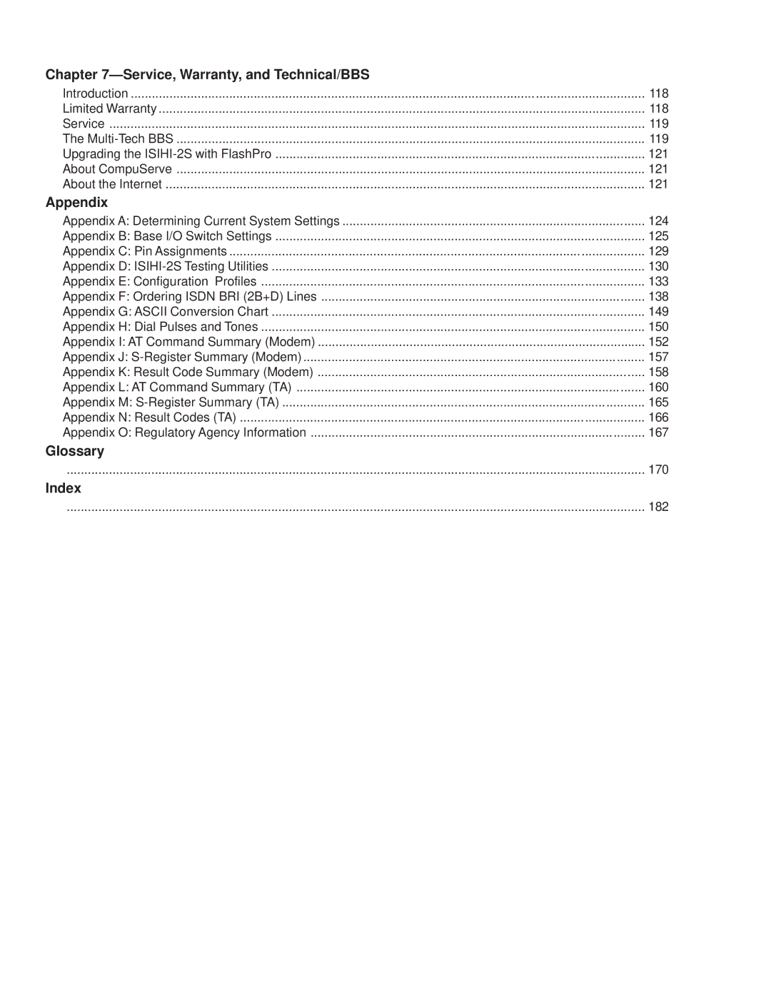 Multi Tech Equipment ISIHI-2S manual Service, Warranty, and Technical/BBS, Appendix, Glossary, Index 