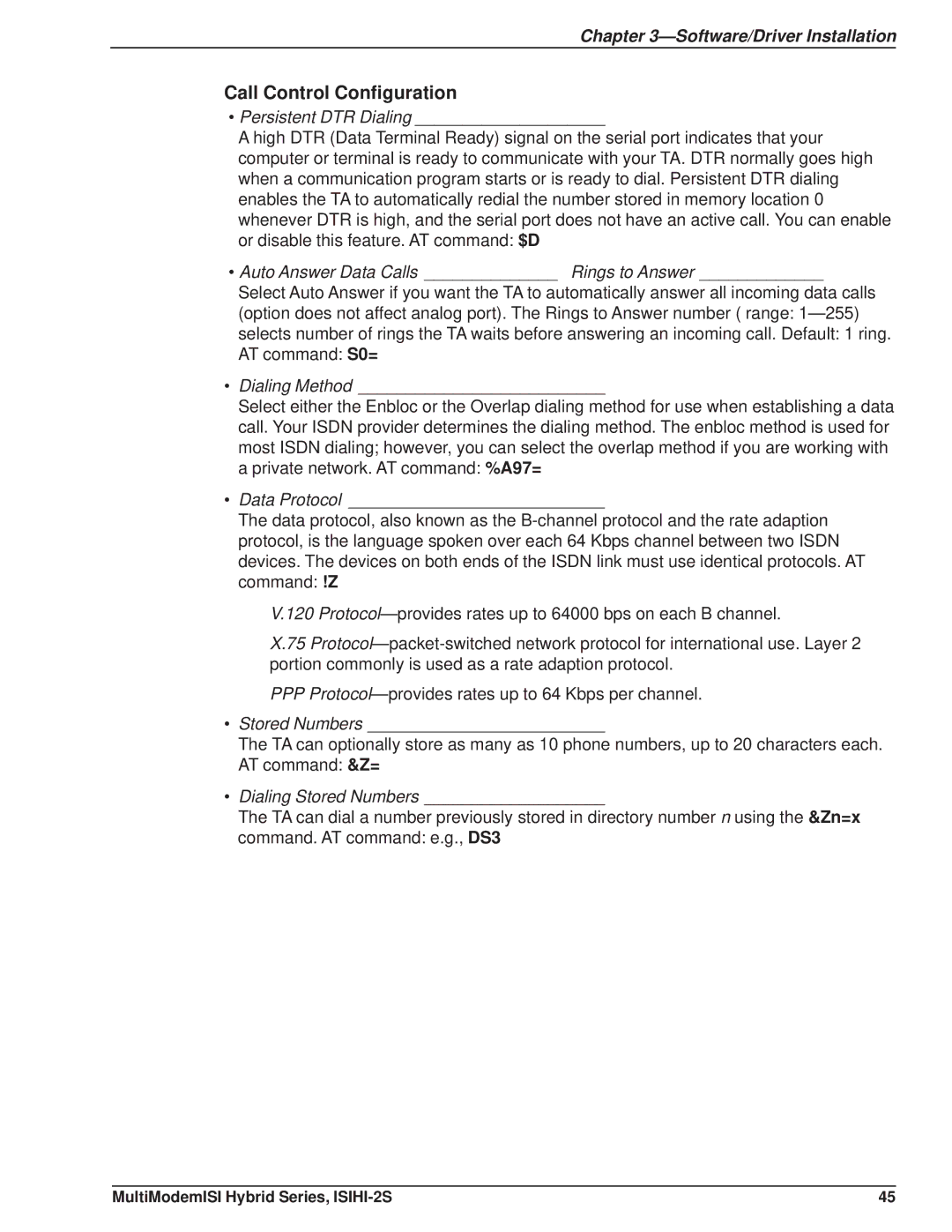 Multi Tech Equipment ISIHI-2S manual Call Control Configuration, Persistent DTR Dialing 