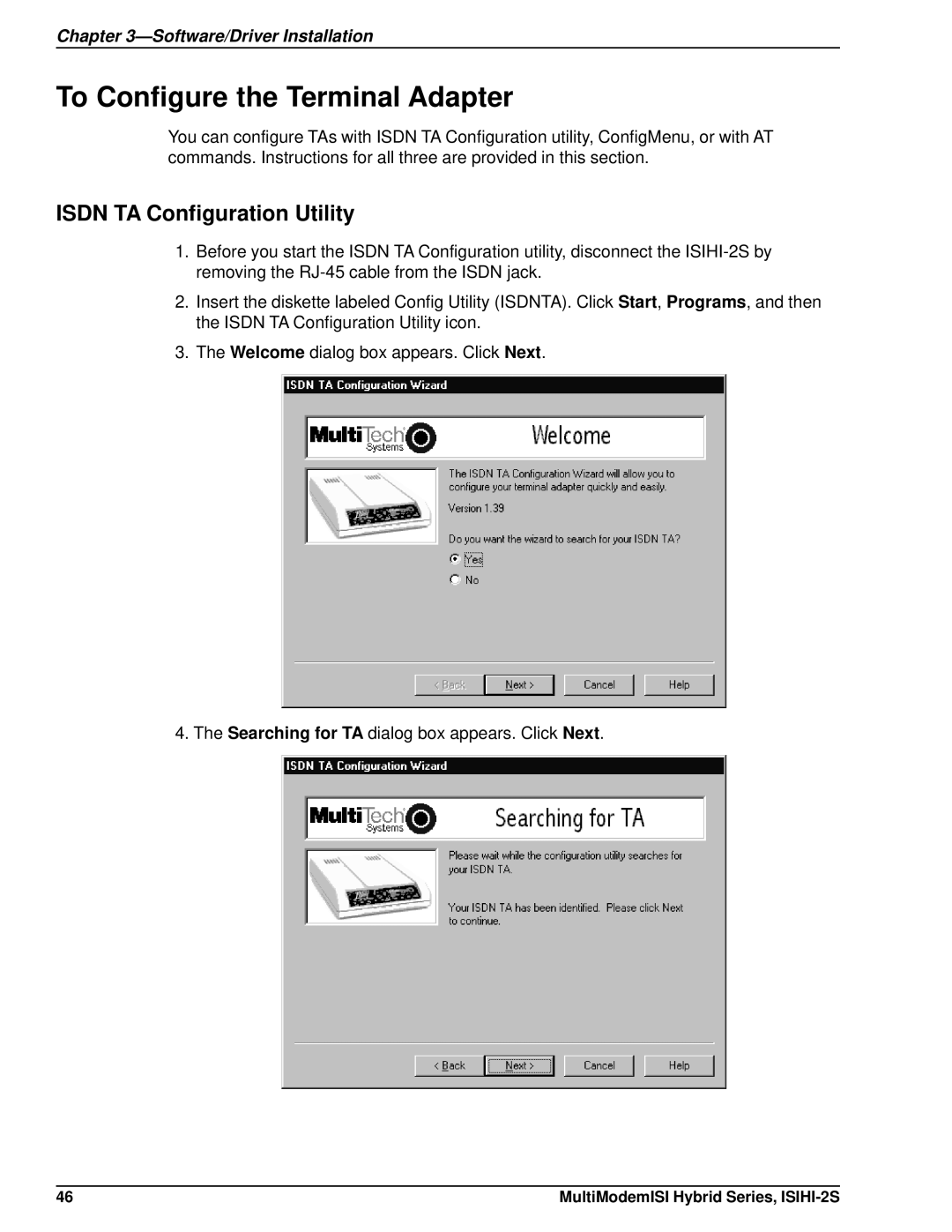 Multi Tech Equipment ISIHI-2S manual To Configure the Terminal Adapter, Isdn TA Configuration Utility 