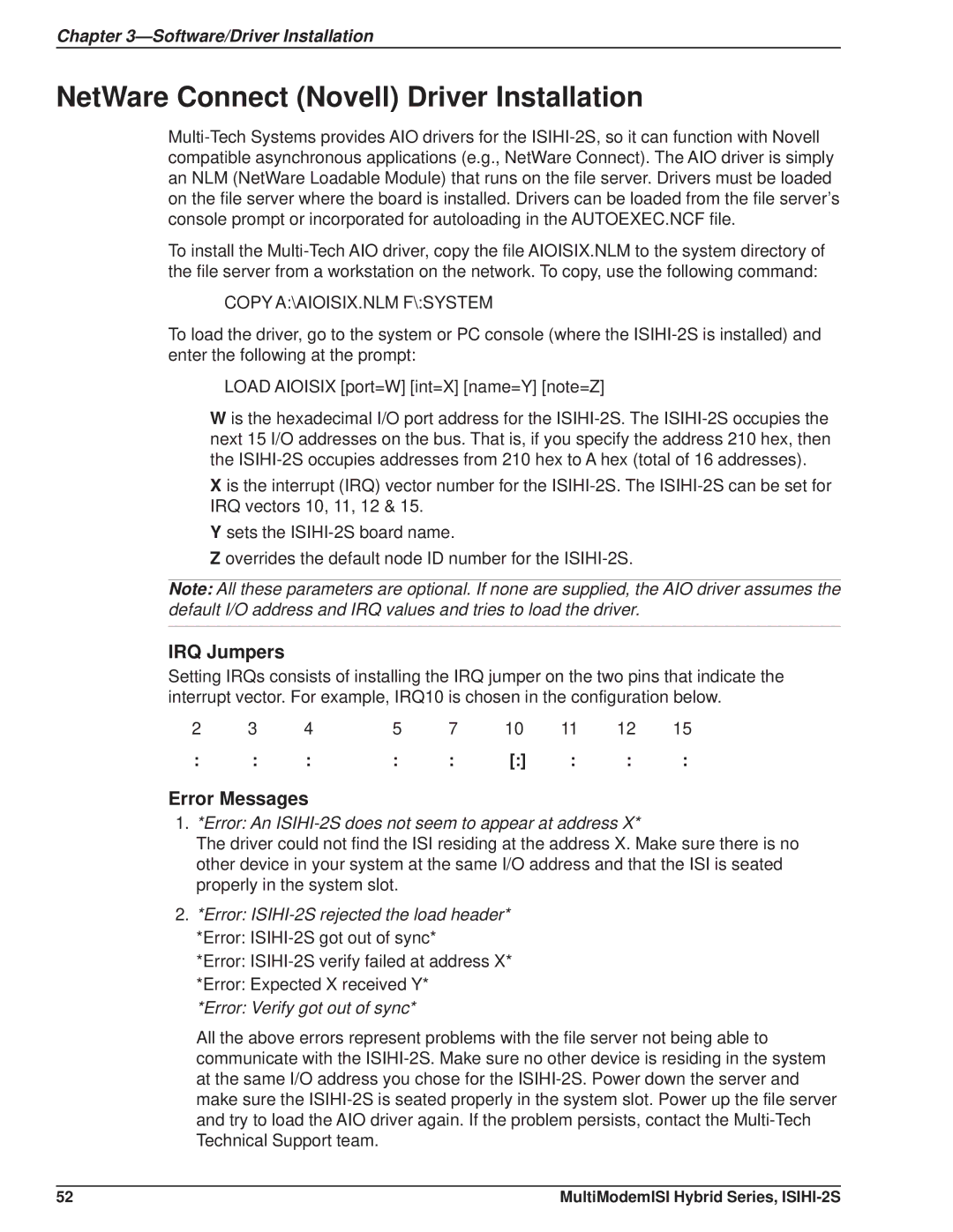 Multi Tech Equipment ISIHI-2S manual NetWare Connect Novell Driver Installation, IRQ Jumpers, Error Messages 