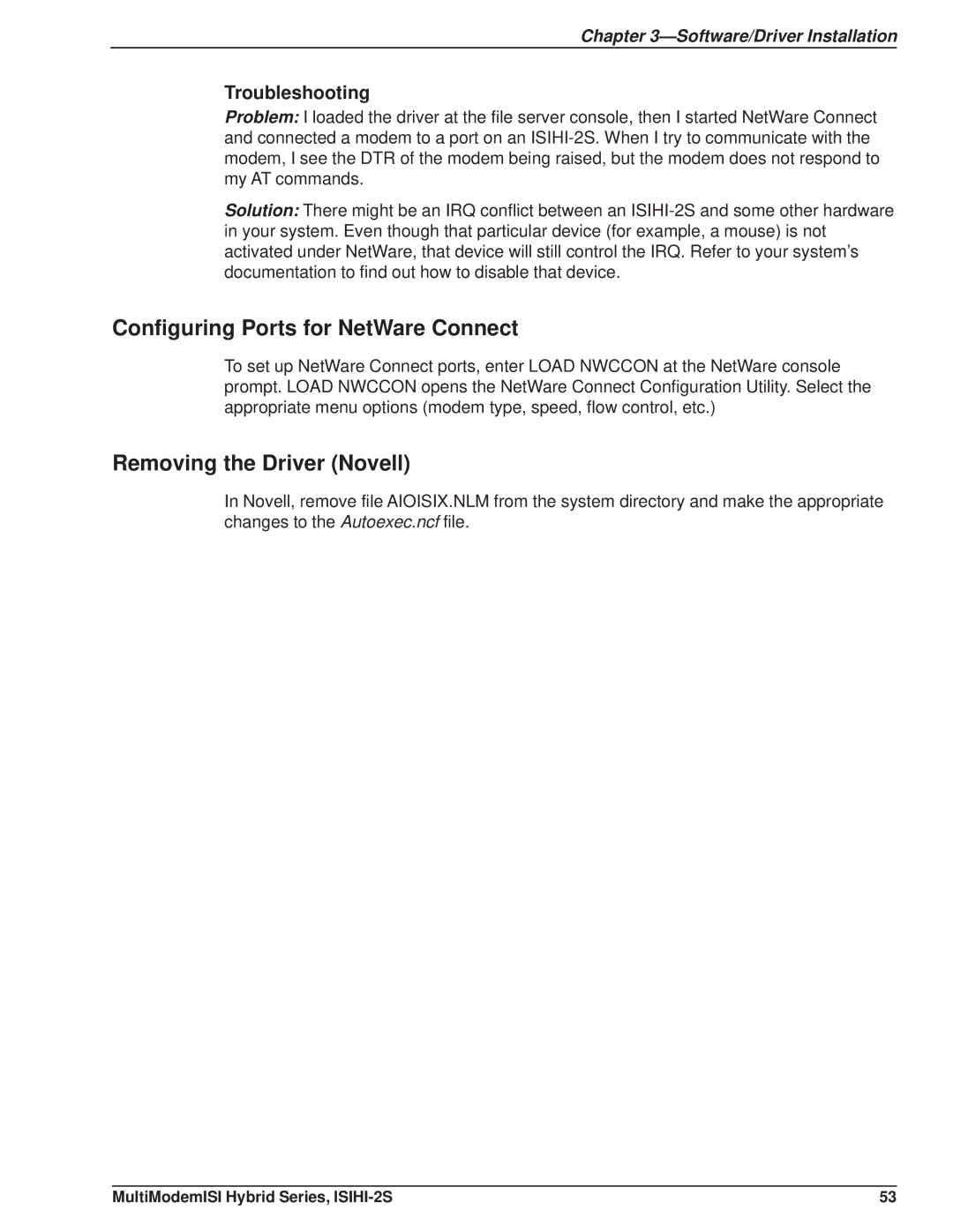 Multi Tech Equipment ISIHI-2S manual Configuring Ports for NetWare Connect, Removing the Driver Novell, Troubleshooting 