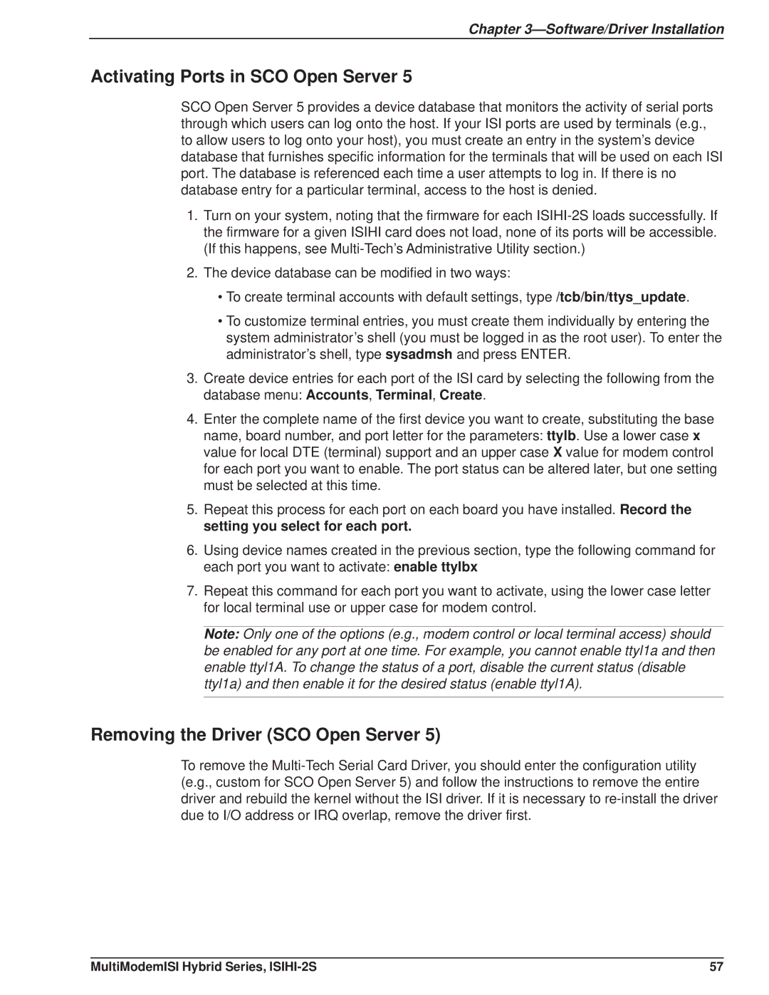 Multi Tech Equipment ISIHI-2S manual Activating Ports in SCO Open Server, Removing the Driver SCO Open Server 