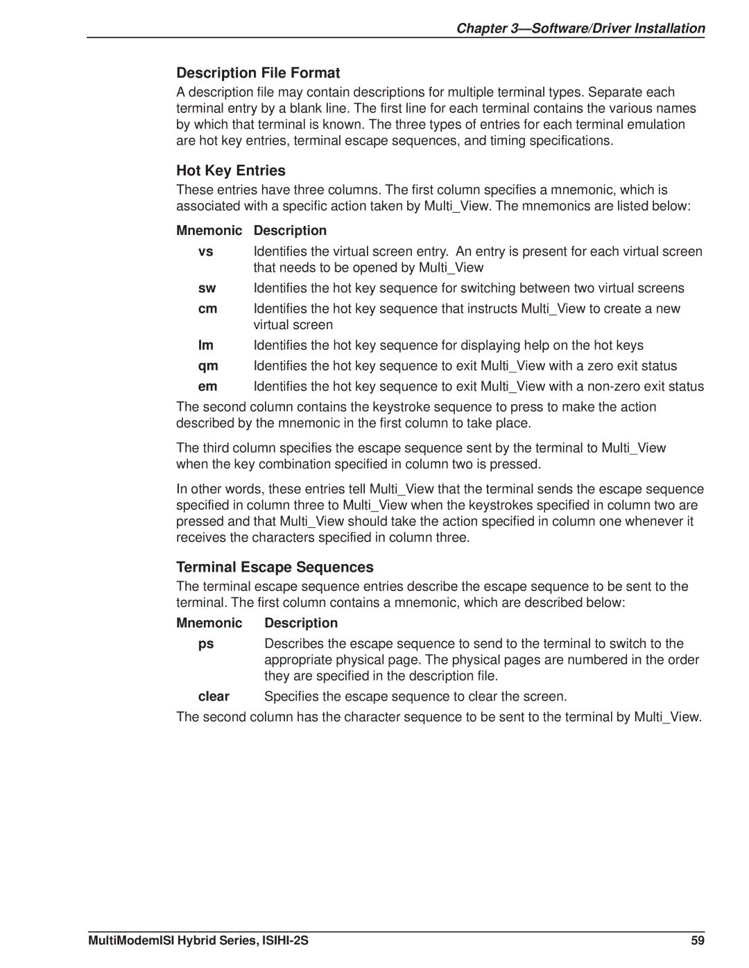 Multi Tech Equipment ISIHI-2S Description File Format, Hot Key Entries, Terminal Escape Sequences, Mnemonic Description 