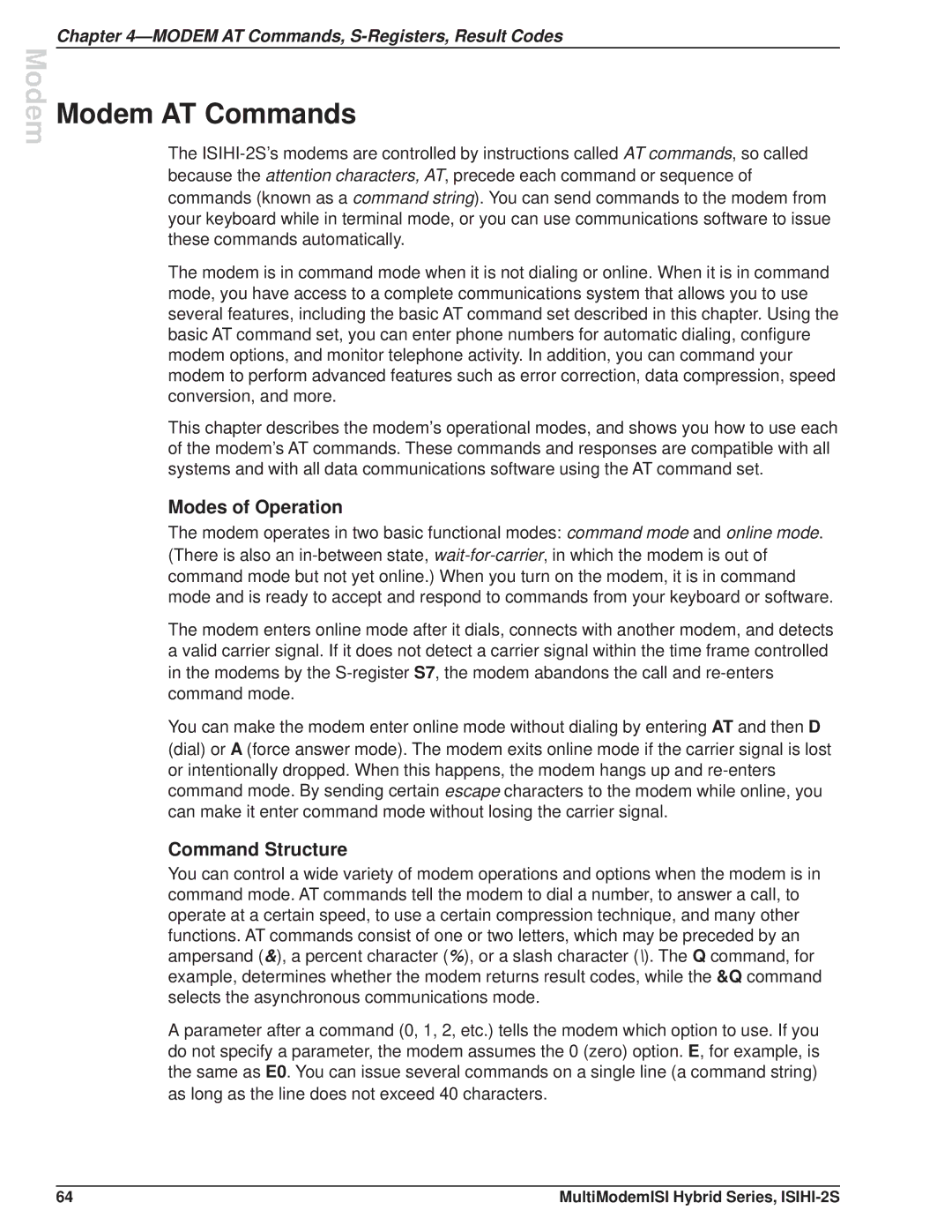 Multi Tech Equipment ISIHI-2S manual Modem AT Commands, Modes of Operation, Command Structure 