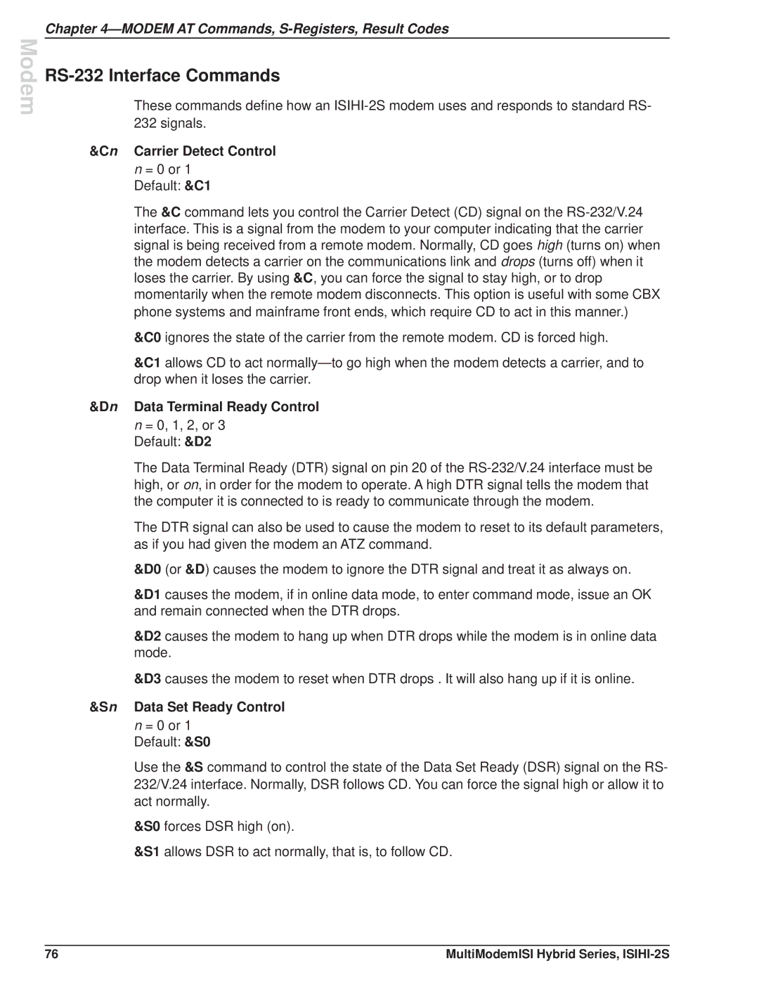 Multi Tech Equipment ISIHI-2S manual RS-232 Interface Commands, Cn Carrier Detect Control, Dn Data Terminal Ready Control 