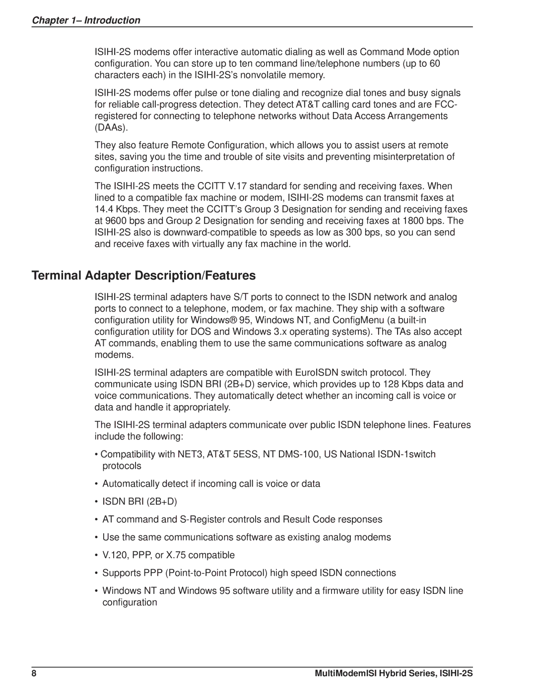 Multi Tech Equipment ISIHI-2S manual Terminal Adapter Description/Features, Isdn BRI 2B+D 