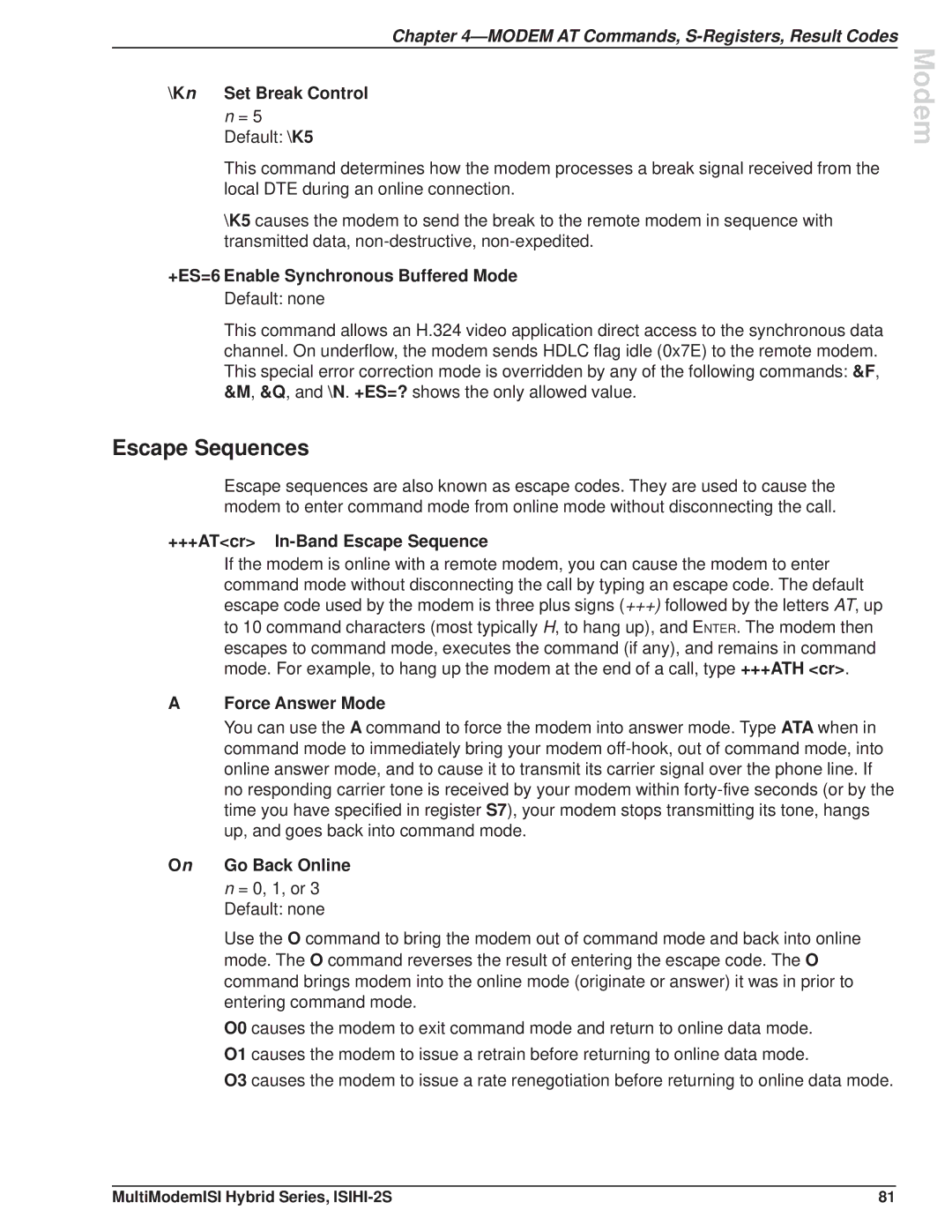 Multi Tech Equipment ISIHI-2S manual Escape Sequences 