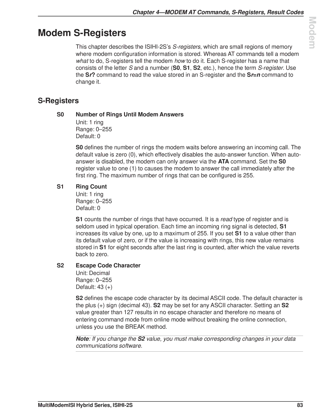 Multi Tech Equipment ISIHI-2S manual Modem S-Registers, S0 Number of Rings Until Modem Answers, S1 Ring Count 