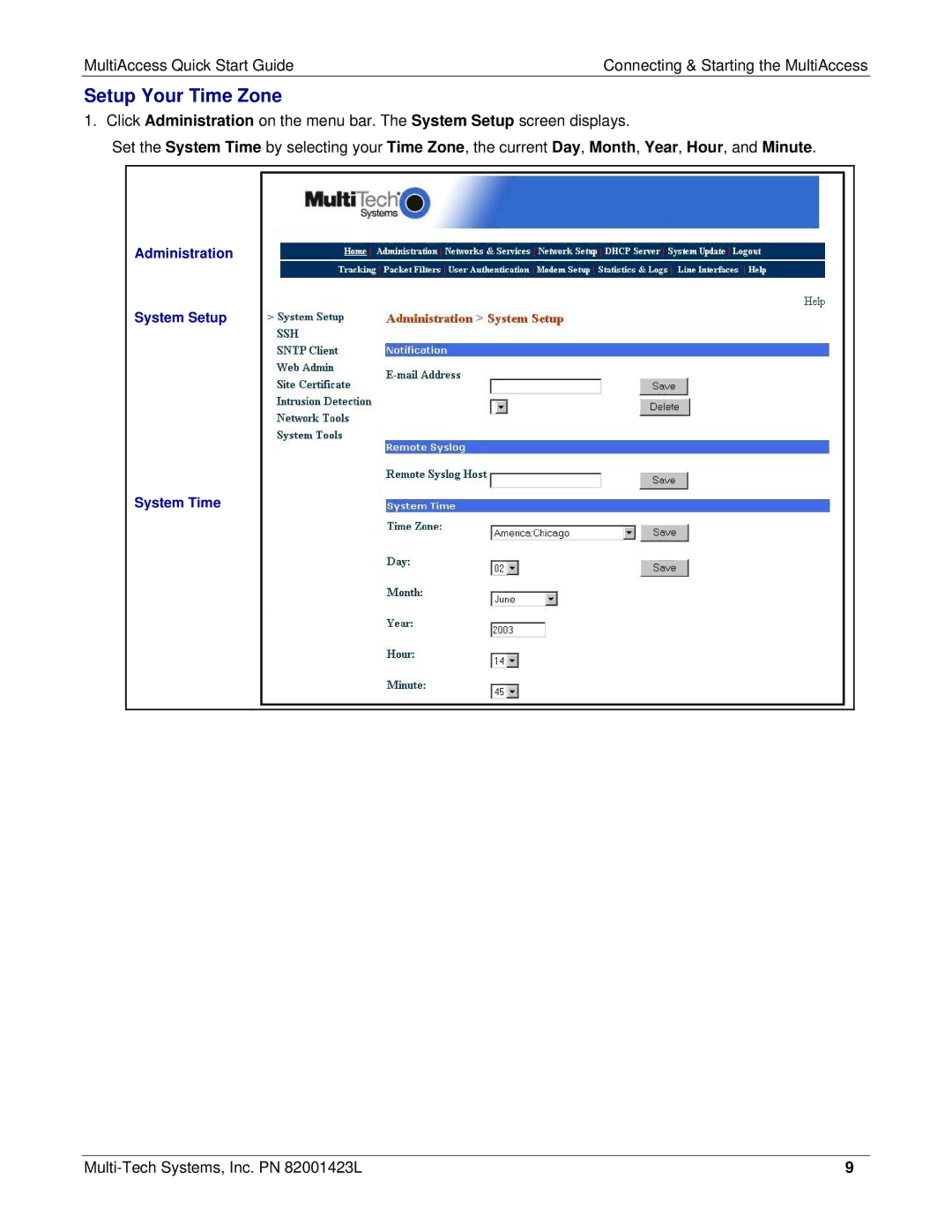 Multi Tech Equipment MA30120 quick start Setup Your Time Zone 