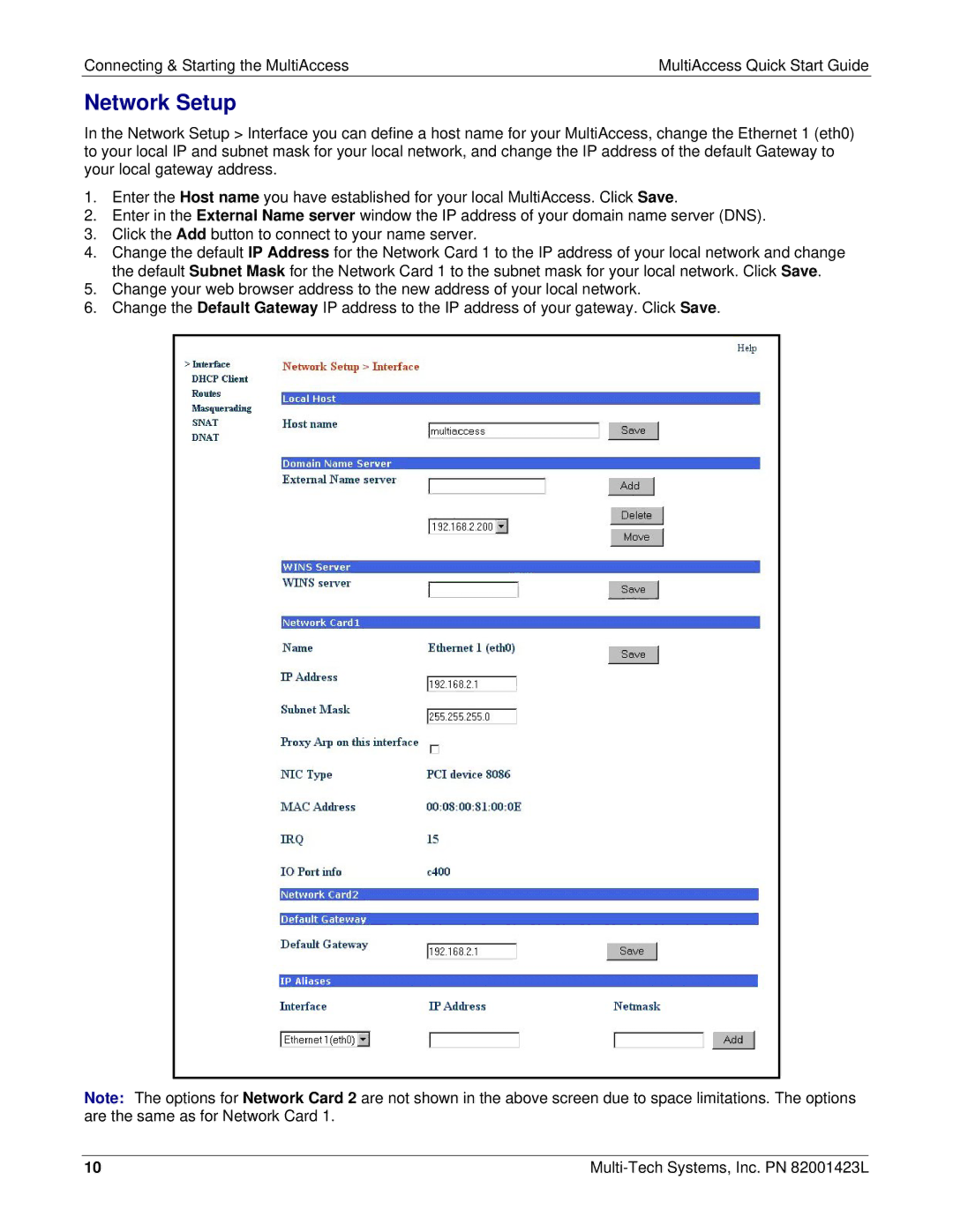 Multi Tech Equipment MA30120 quick start Network Setup 