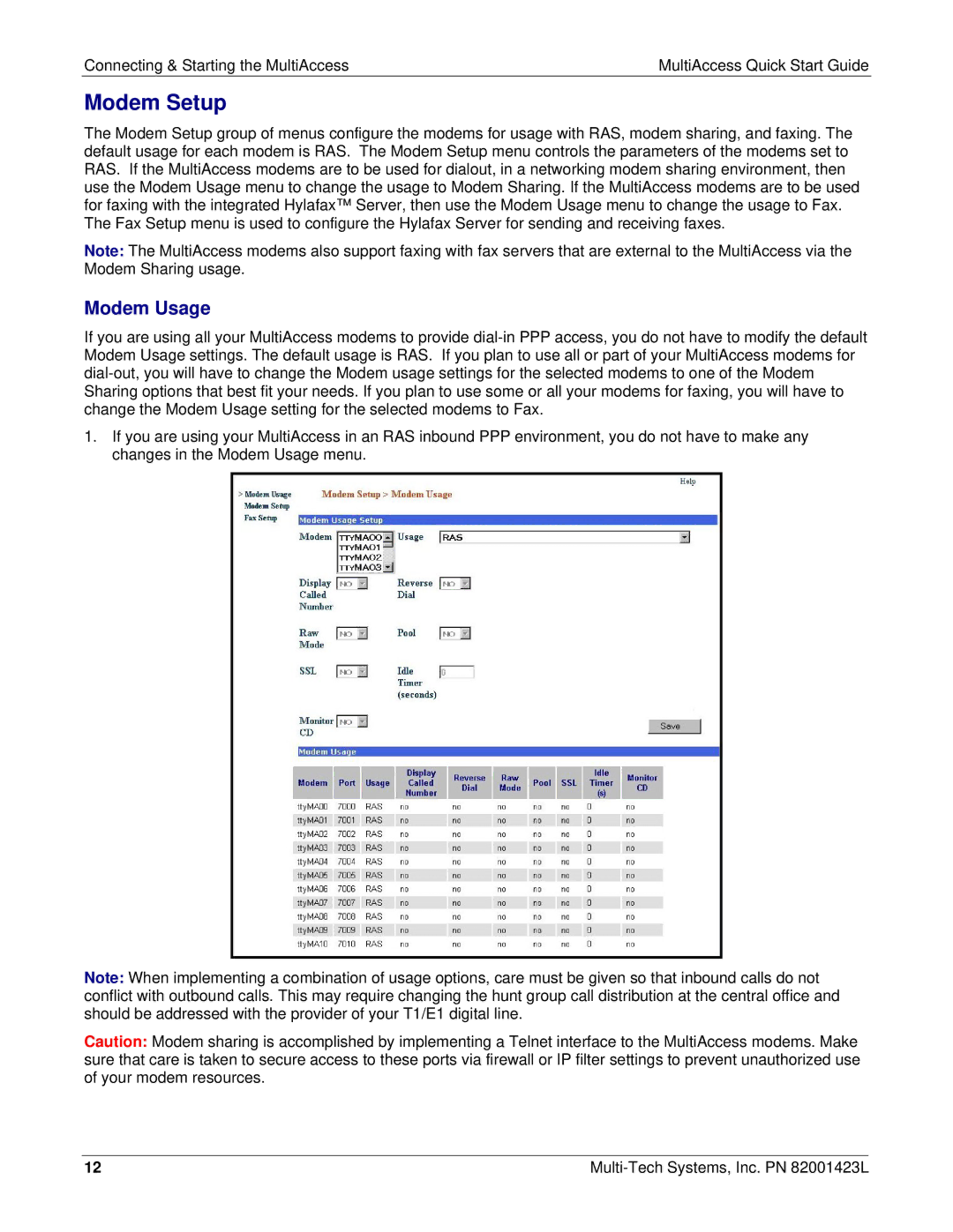 Multi Tech Equipment MA30120 quick start Modem Setup, Modem Usage 