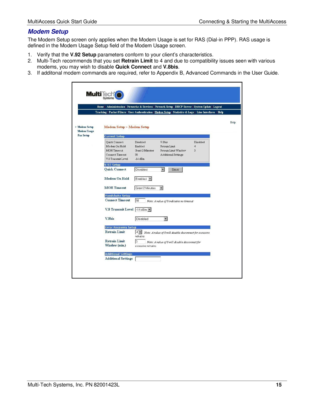 Multi Tech Equipment MA30120 quick start Modem Setup 