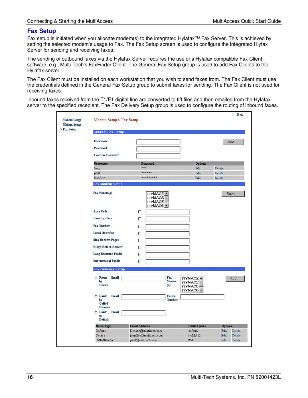 Multi Tech Equipment MA30120 quick start Fax Setup 