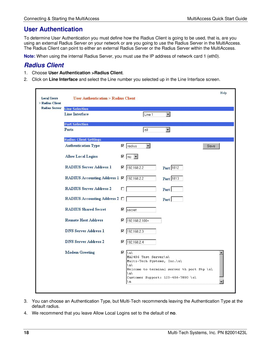 Multi Tech Equipment MA30120 quick start User Authentication, Radius Client 