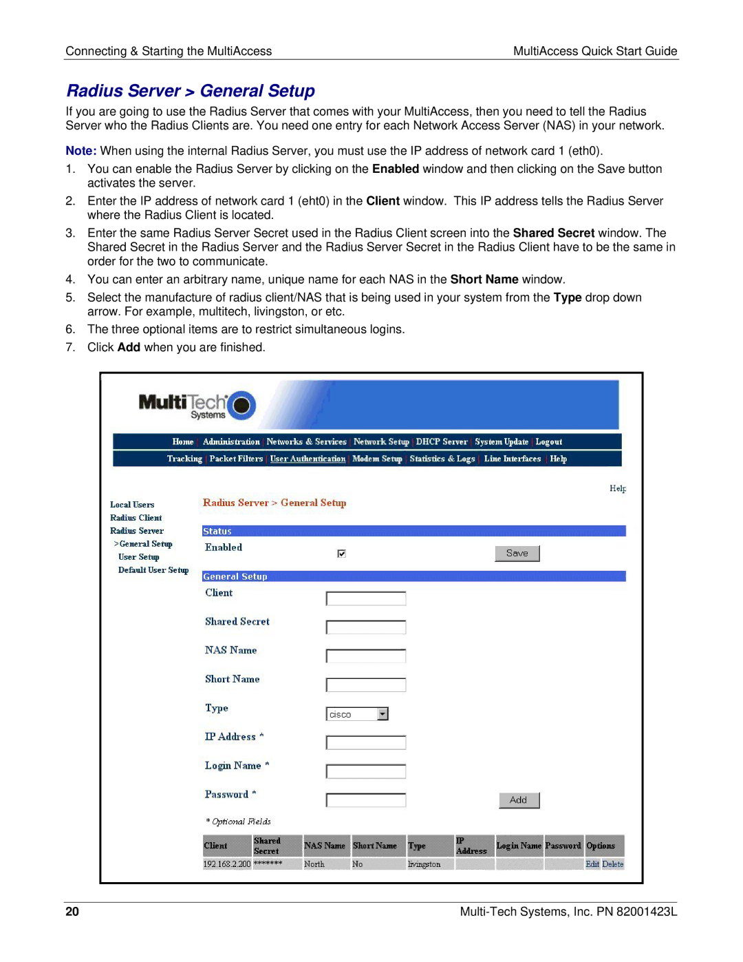 Multi Tech Equipment MA30120 quick start Radius Server General Setup 