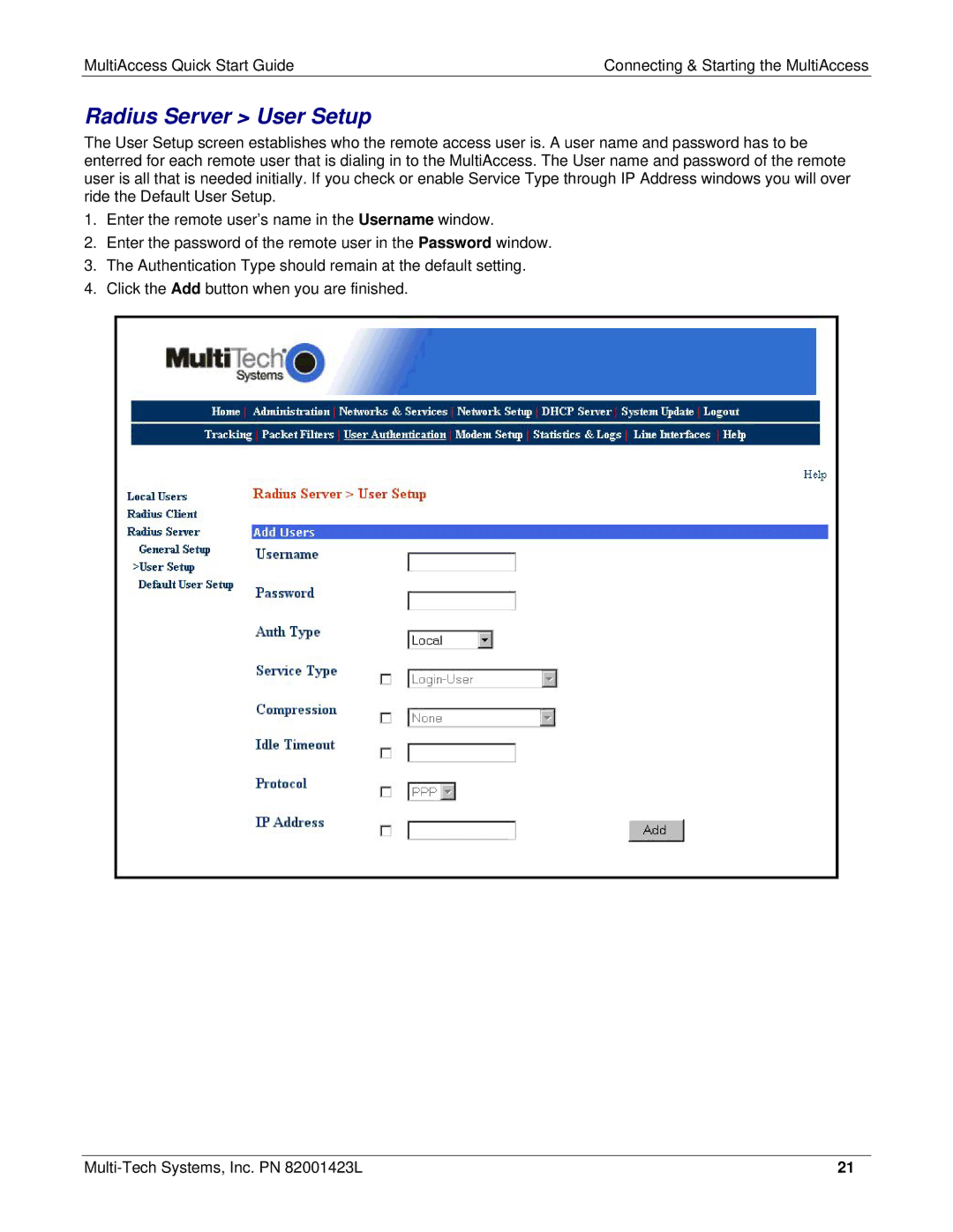 Multi Tech Equipment MA30120 quick start Radius Server User Setup 