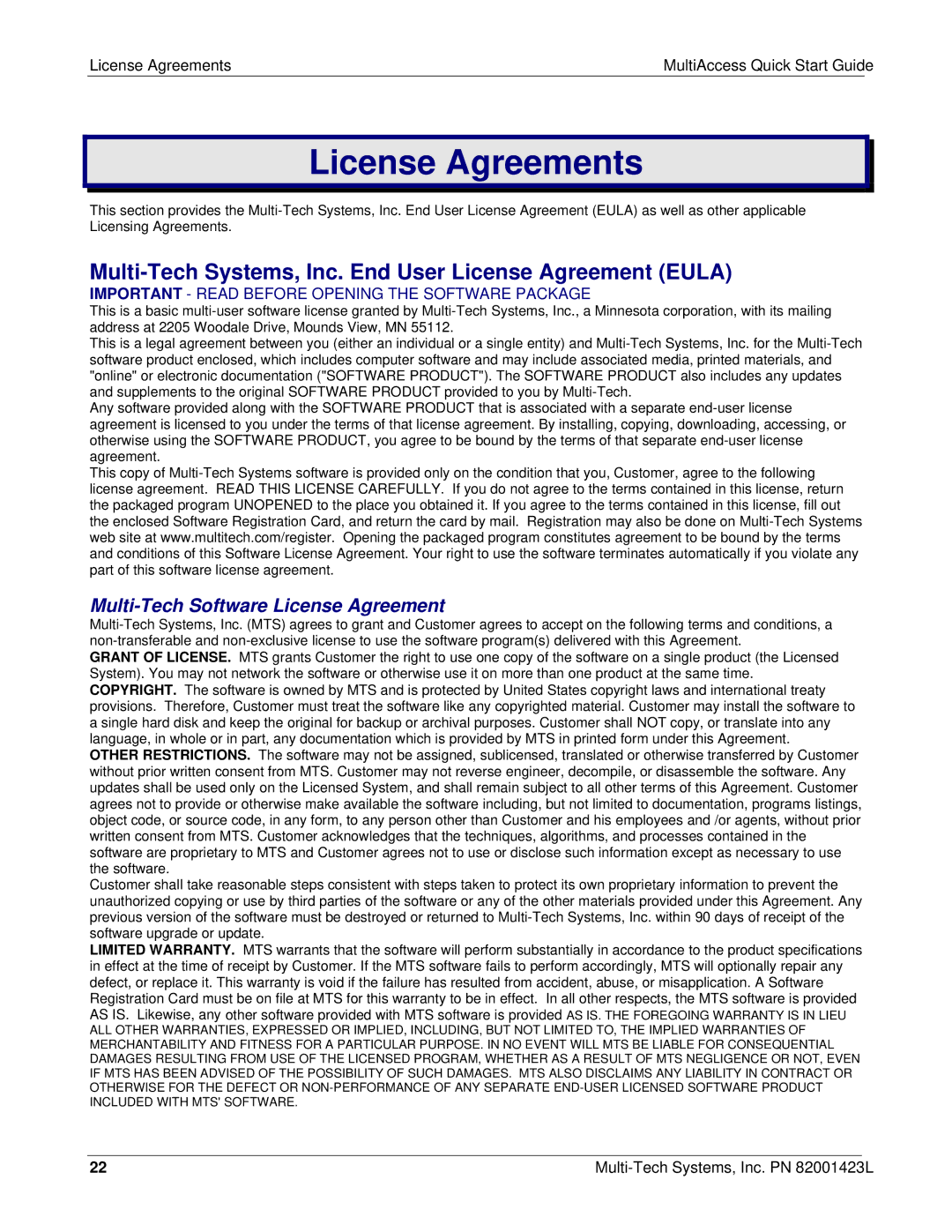 Multi Tech Equipment MA30120 quick start Multi-Tech Systems, Inc. End User License Agreement Eula 