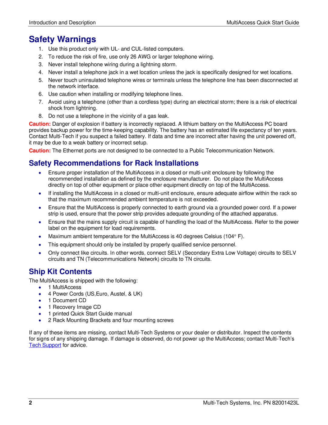 Multi Tech Equipment MA30120 quick start Safety Recommendations for Rack Installations, Ship Kit Contents 