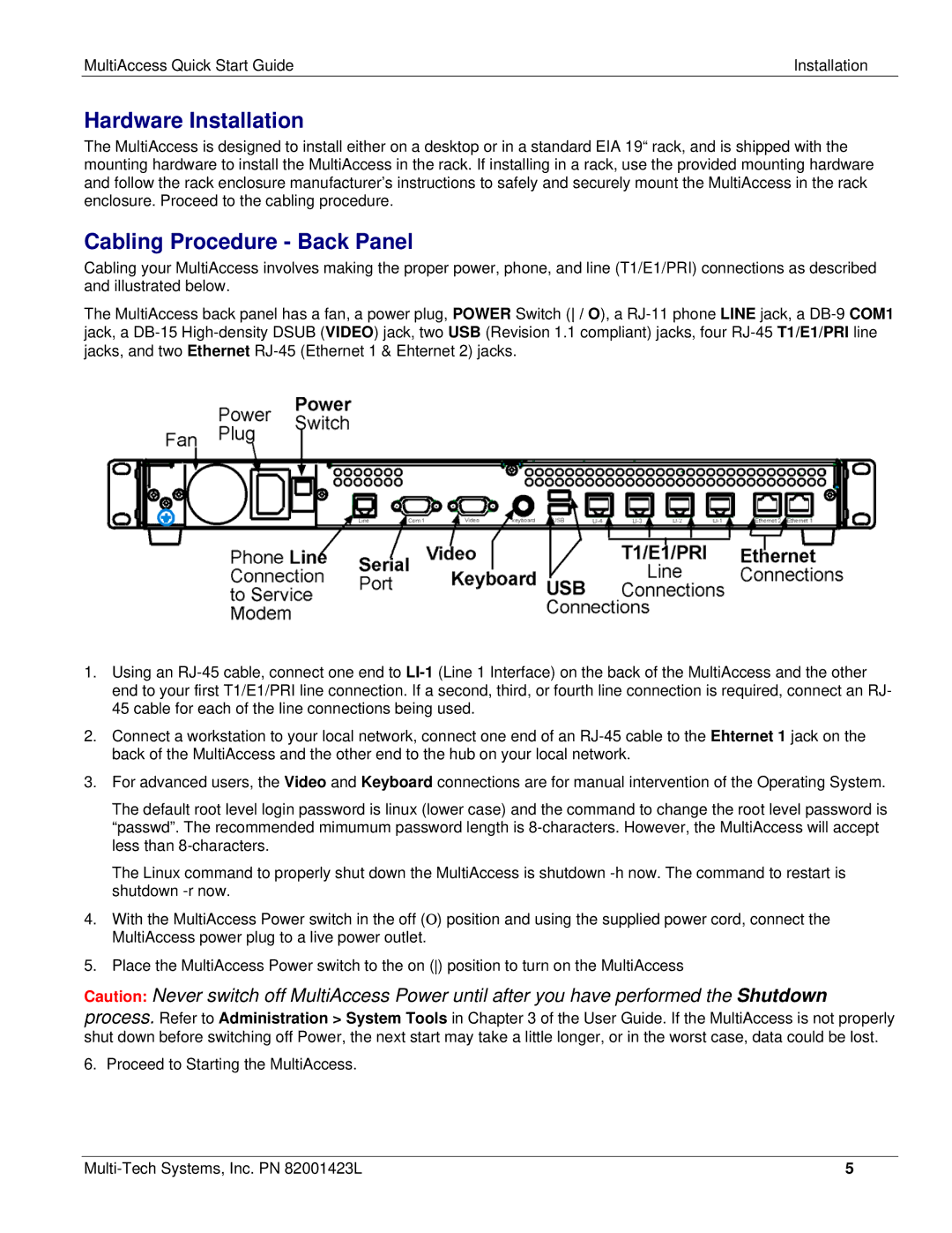 Multi Tech Equipment MA30120 quick start Hardware Installation, Cabling Procedure Back Panel 