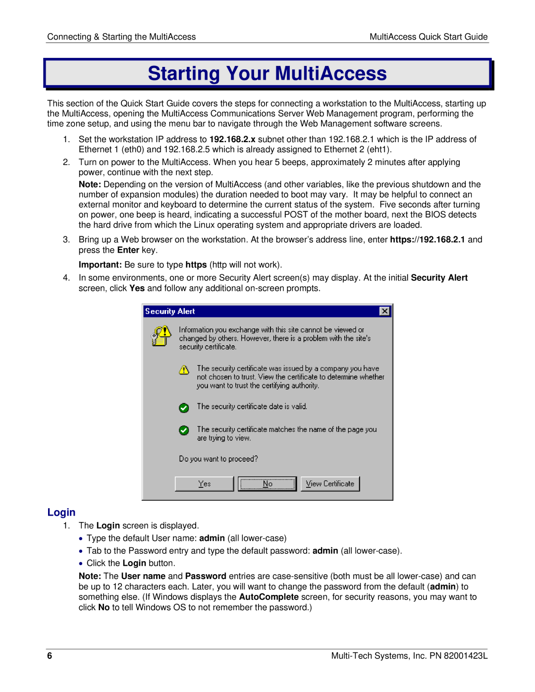 Multi Tech Equipment MA30120 quick start Starting Your MultiAccess, Login 