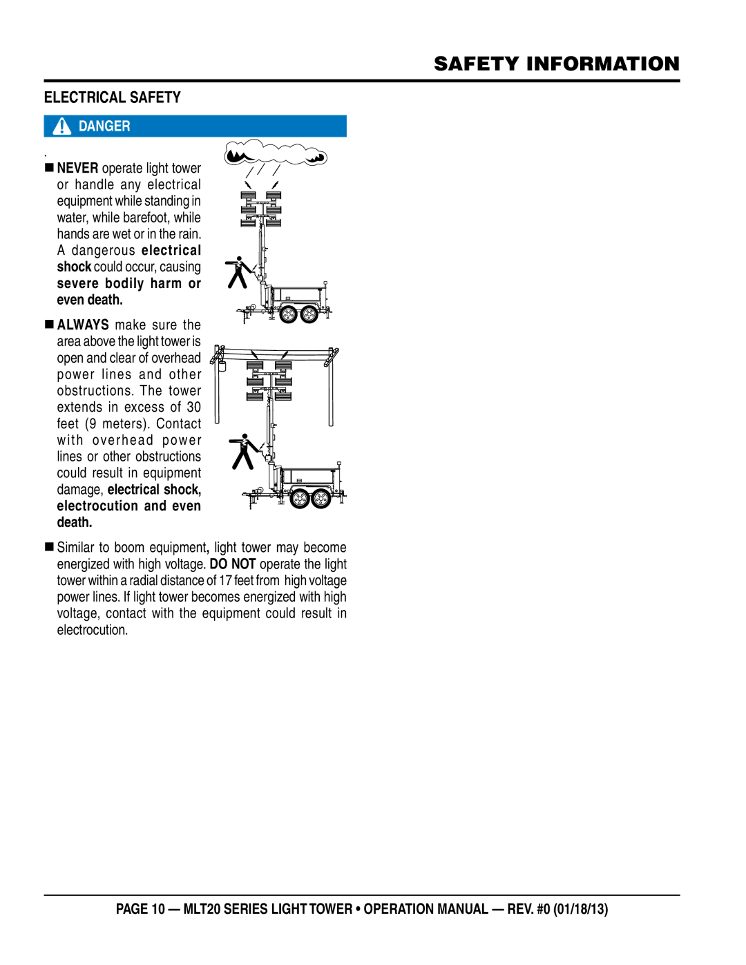 Multi Tech Equipment MLT20DCA6 operation manual ELeCTRICaL saFeTY, „ neveR operate light tower 