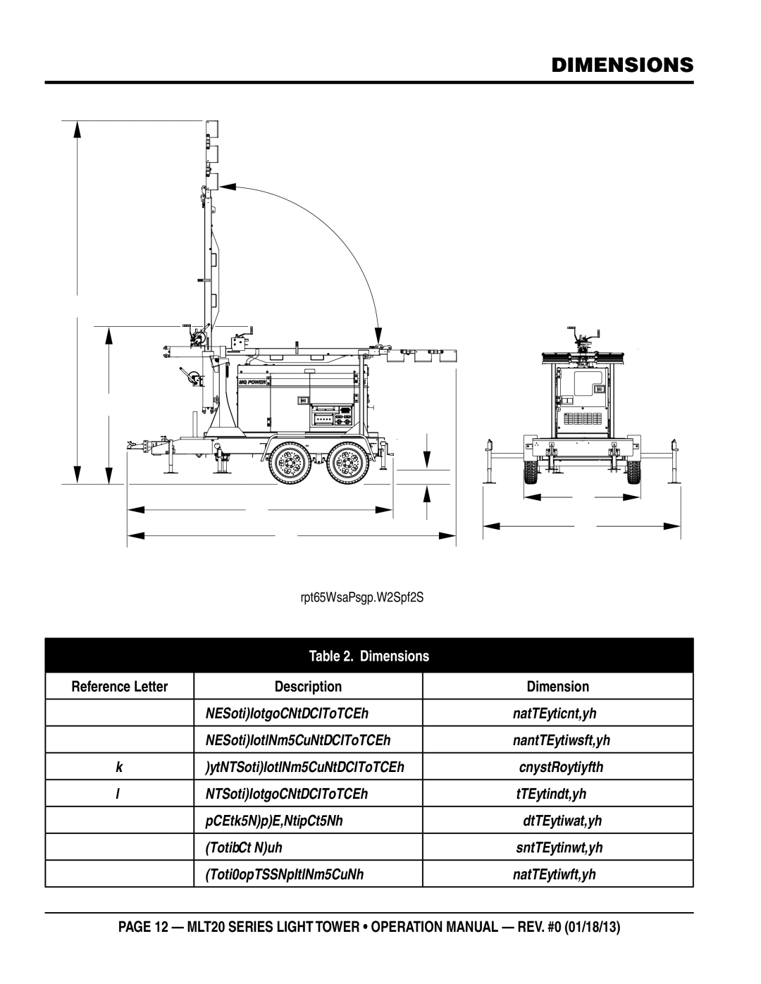 Multi Tech Equipment MLT20DCA6 operation manual Dimensions, Reference Letter Description Dimension 