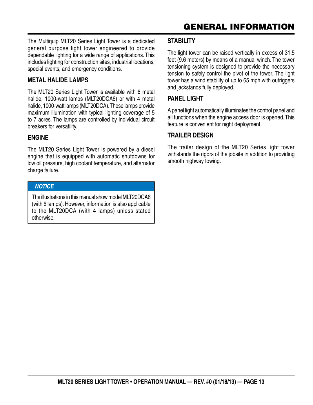 Multi Tech Equipment MLT20DCA6 operation manual General information, Metal Halide Lamps 