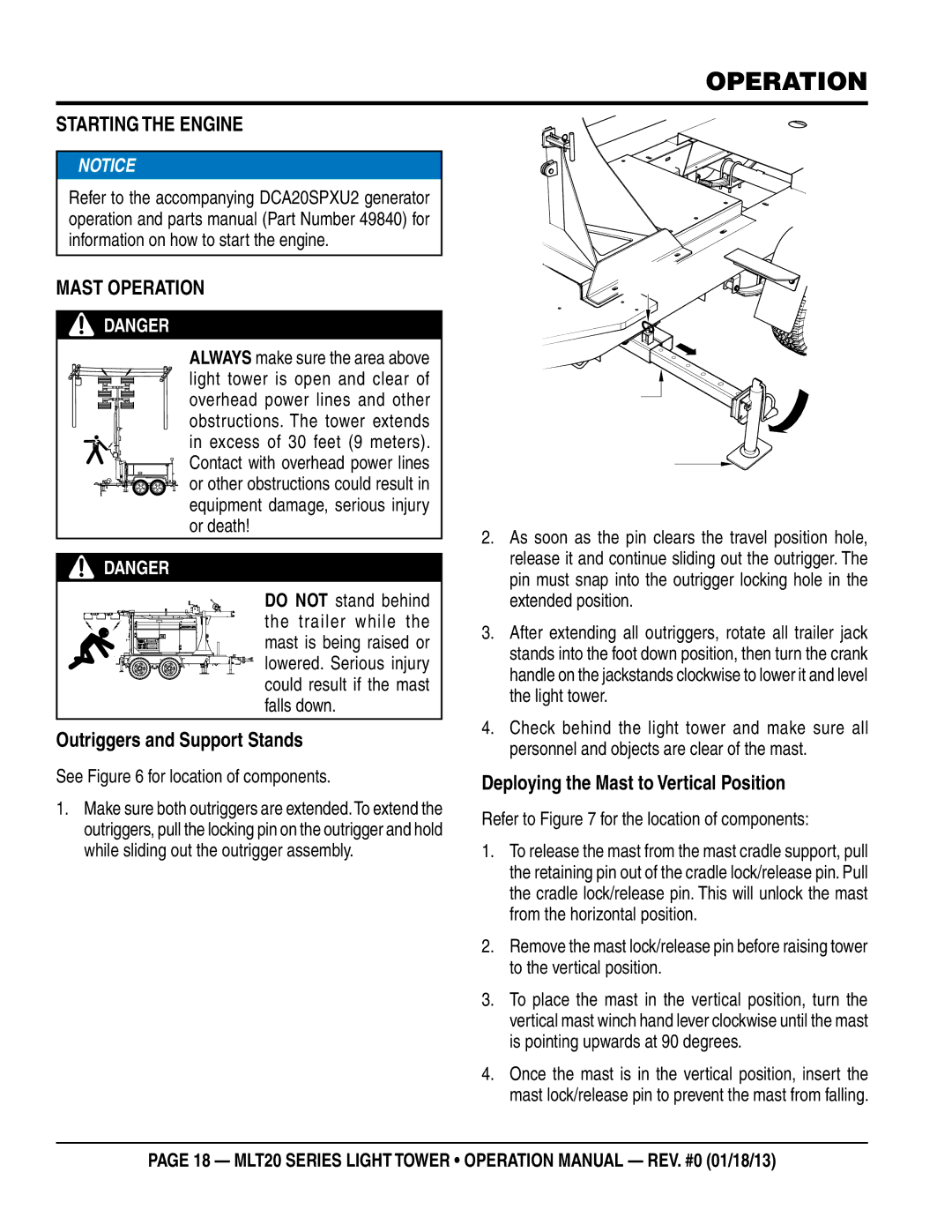 Multi Tech Equipment MLT20DCA6 Operation, Starting the Engine, Mast operation, Outriggers and Support Stands 