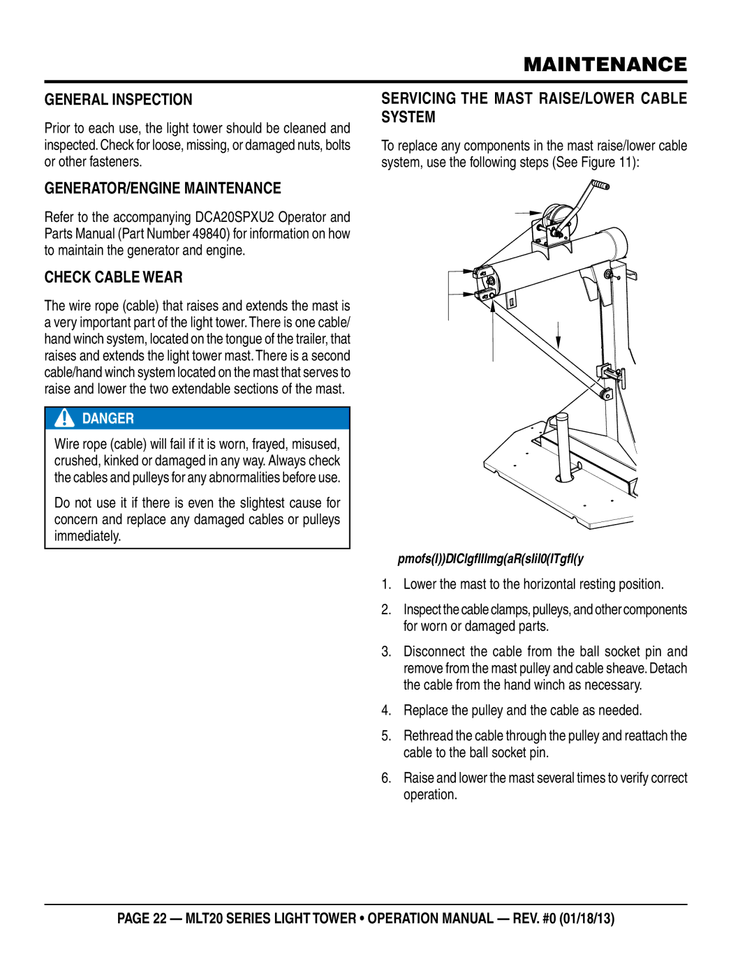 Multi Tech Equipment MLT20DCA6 operation manual Generator/ENGINE Maintenance, Check Cable Wear 