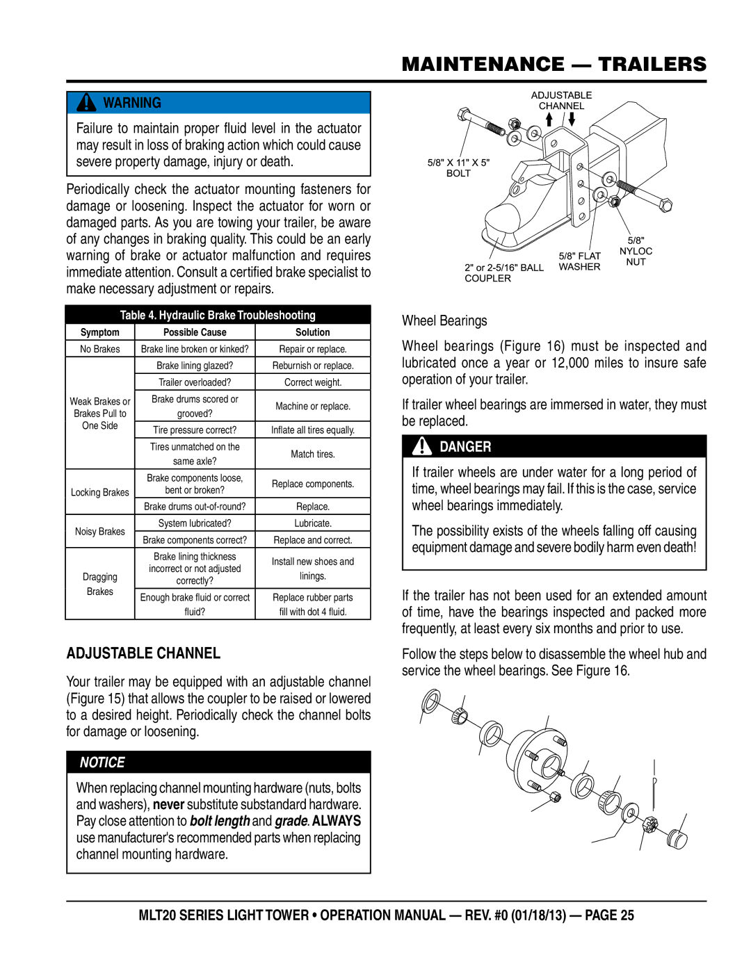 Multi Tech Equipment MLT20DCA6 operation manual Adjustable Channel, Hydraulic Brake Troubleshooting 