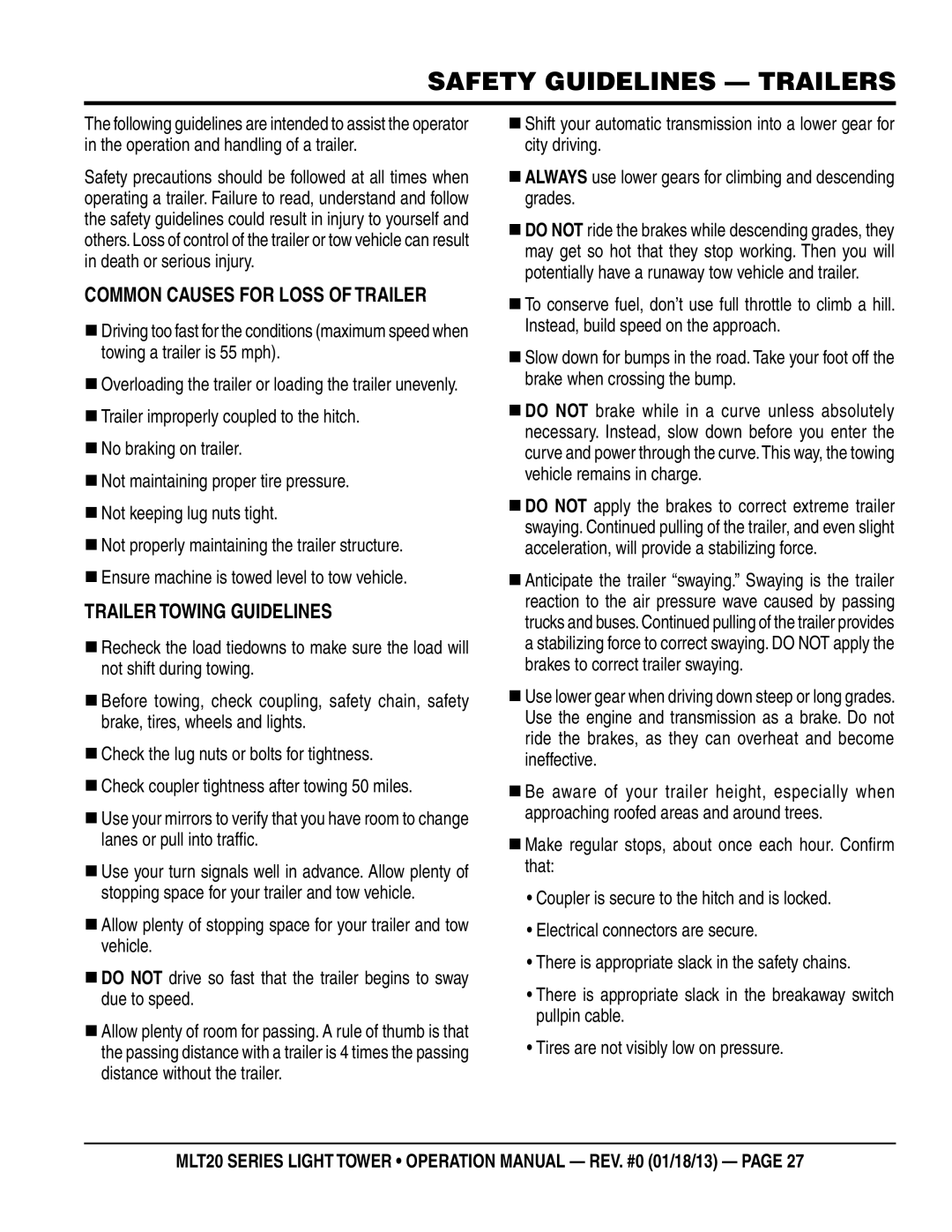 Multi Tech Equipment MLT20DCA6 Safety guidelines Trailers, COMMOn Causes for LOss of TRaILeR, TRaILeR TOWIng guIDeLInes 