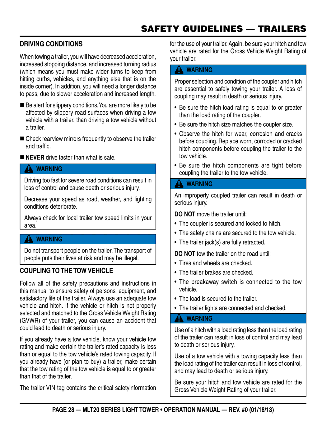 Multi Tech Equipment MLT20DCA6 operation manual DRIvIng COnDITIOns, COupLIng to THe TOW veHICLe 