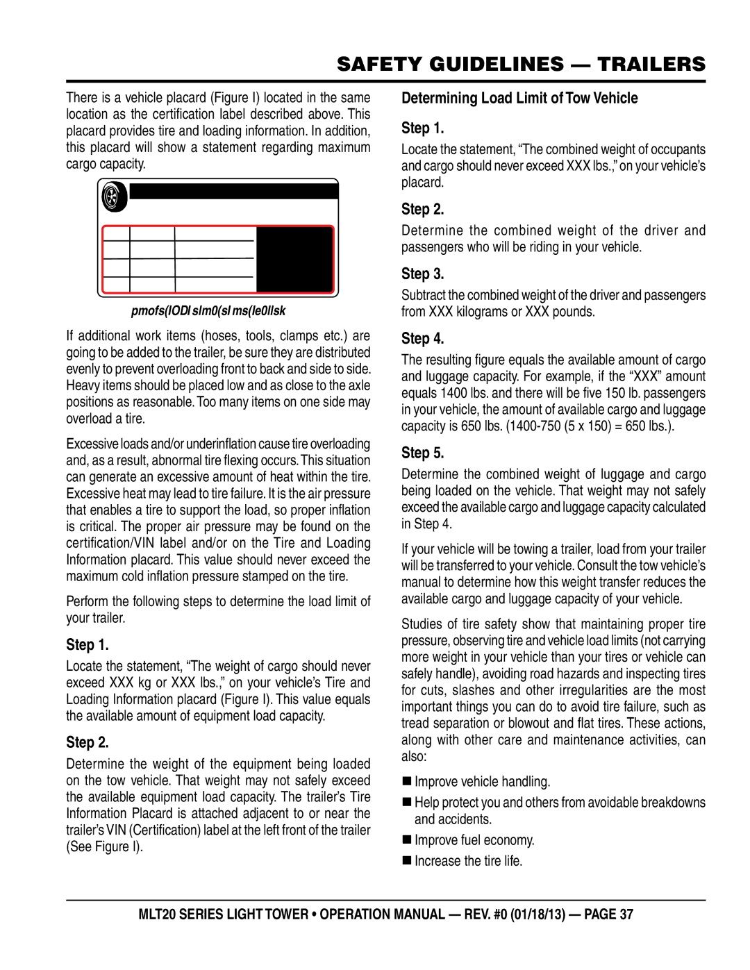 Multi Tech Equipment MLT20DCA6 operation manual Step, Determining Load Limit of Tow vehicle step 