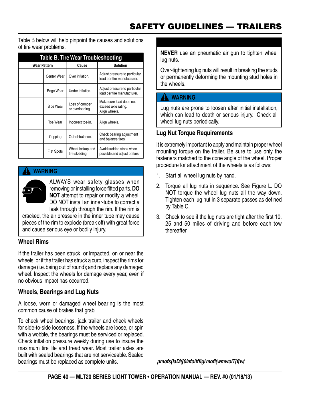 Multi Tech Equipment MLT20DCA6 operation manual Wheel Rims, Wheels, Bearings and Lug nuts, Lug nut Torque Requirements 