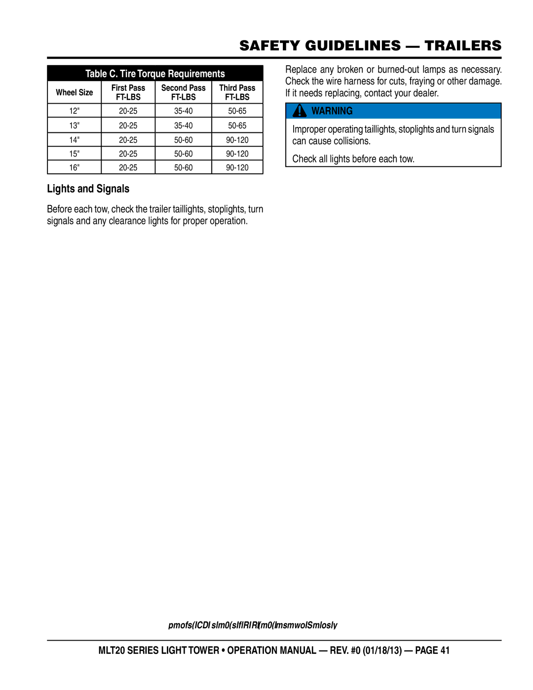 Multi Tech Equipment MLT20DCA6 operation manual Lights and signals, Table C. Tire Torque Requirements 