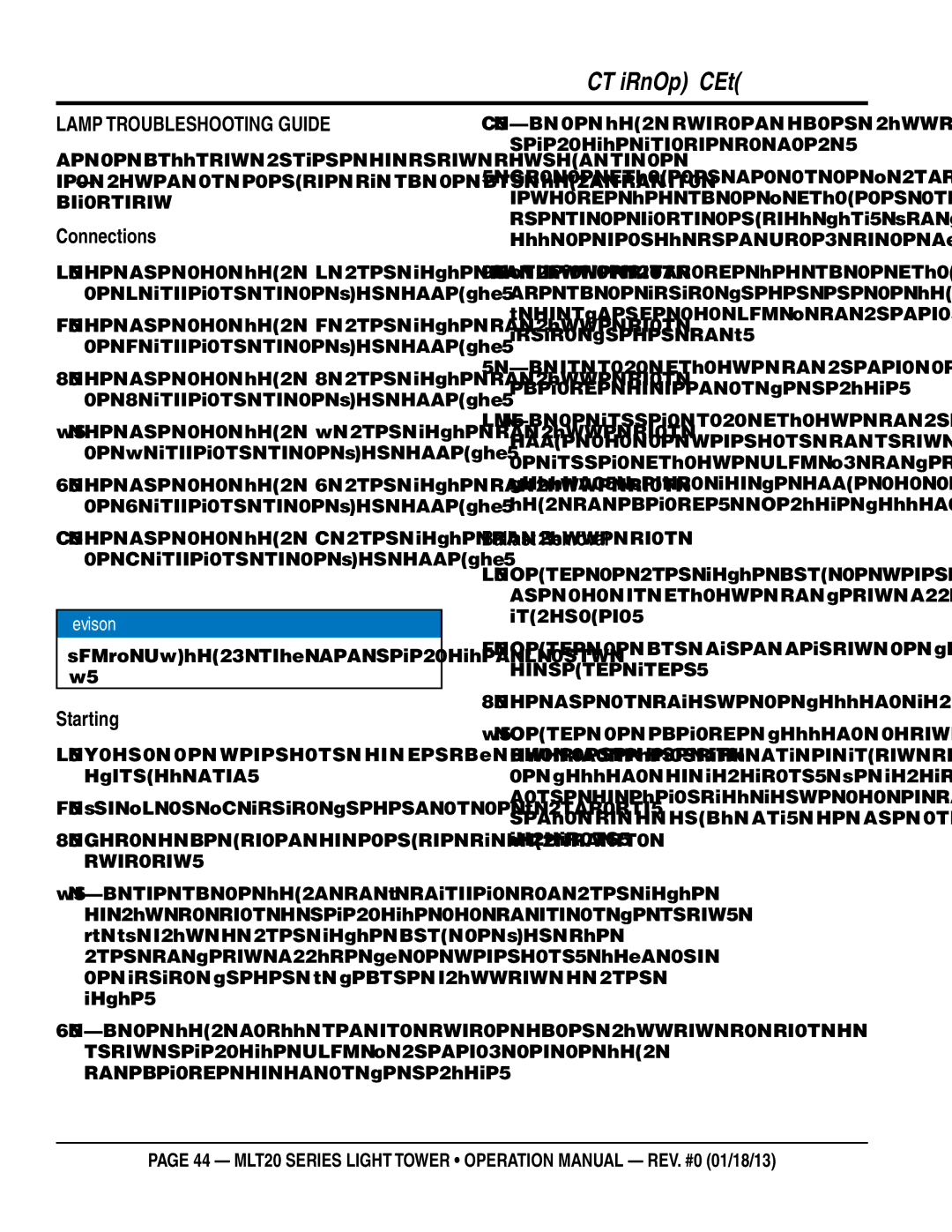 Multi Tech Equipment MLT20DCA6 operation manual Lamp Troubleshooting Guide, Connections, Starting, Ballast Removal 