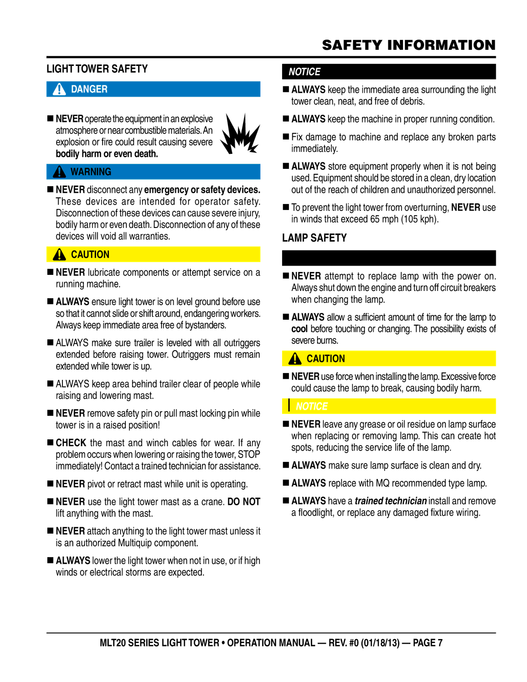 Multi Tech Equipment MLT20DCA6 operation manual LIgHT TOWeR saFeTY, LaMp saFeTY 