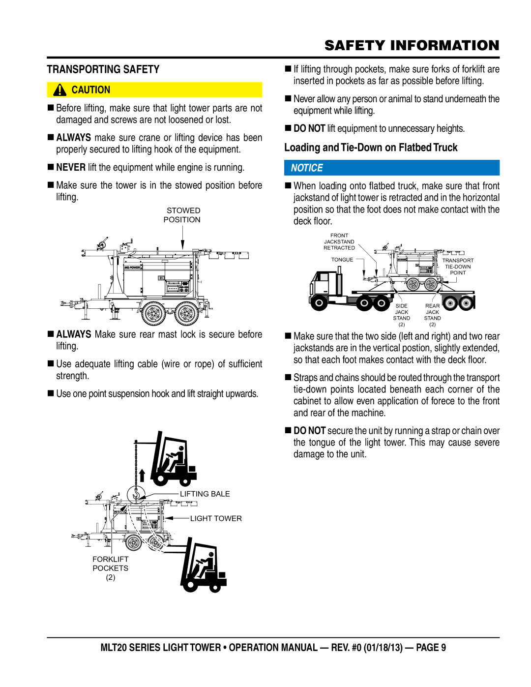 Multi Tech Equipment MLT20DCA6 operation manual TRanspORTIng saFeTY, Loading and Tie-Down on Flatbed Truck 