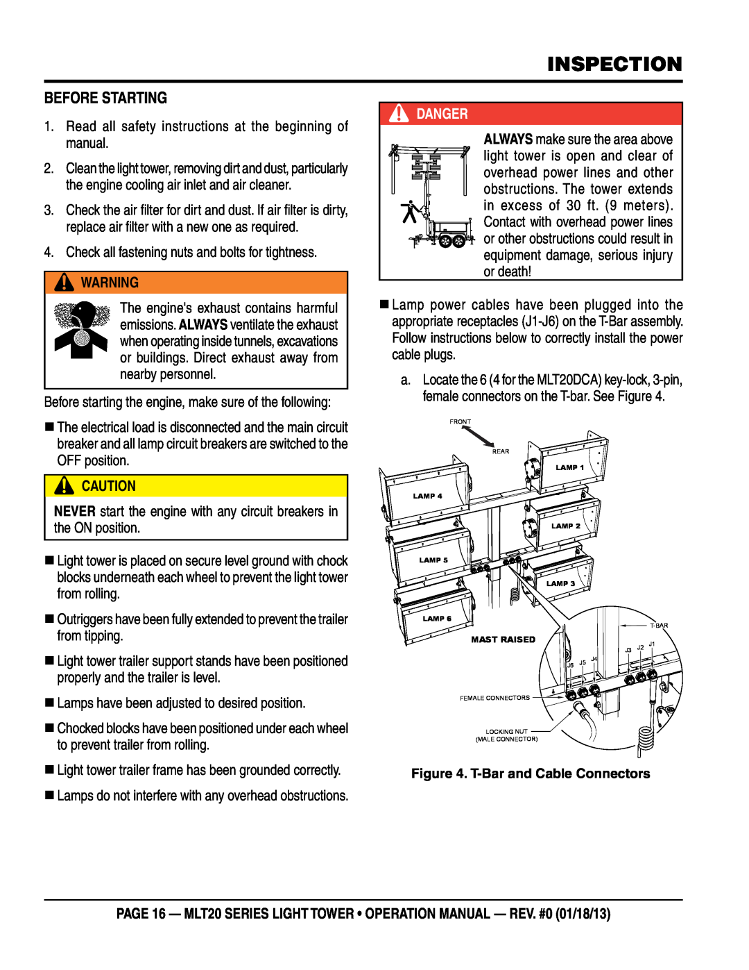 Multi Tech Equipment MLT20DCA6 operation manual inspection, before starting, Danger 