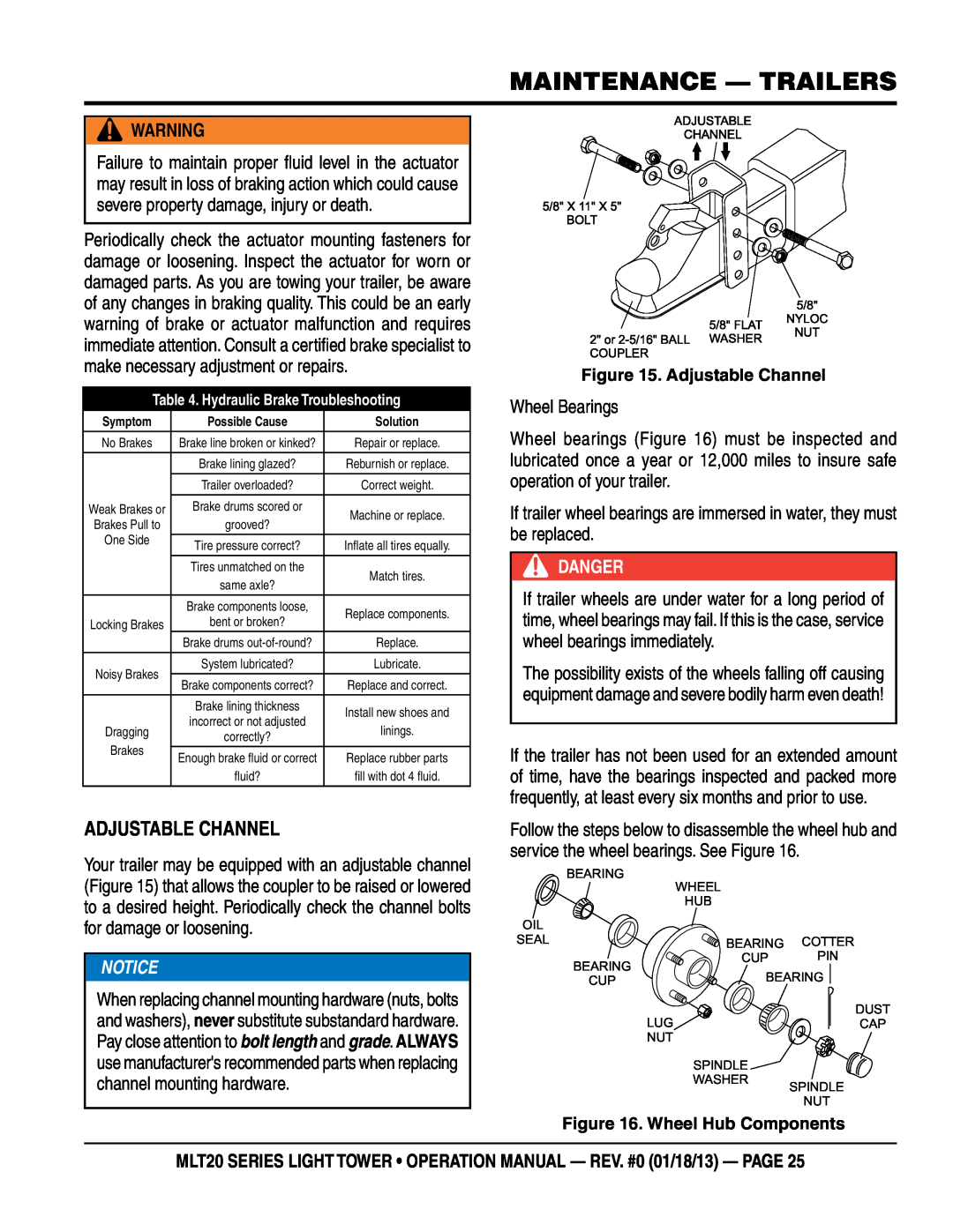 Multi Tech Equipment MLT20DCA6 operation manual Adjustable Channel, maintenance - TRAILERS, Notice, Danger 