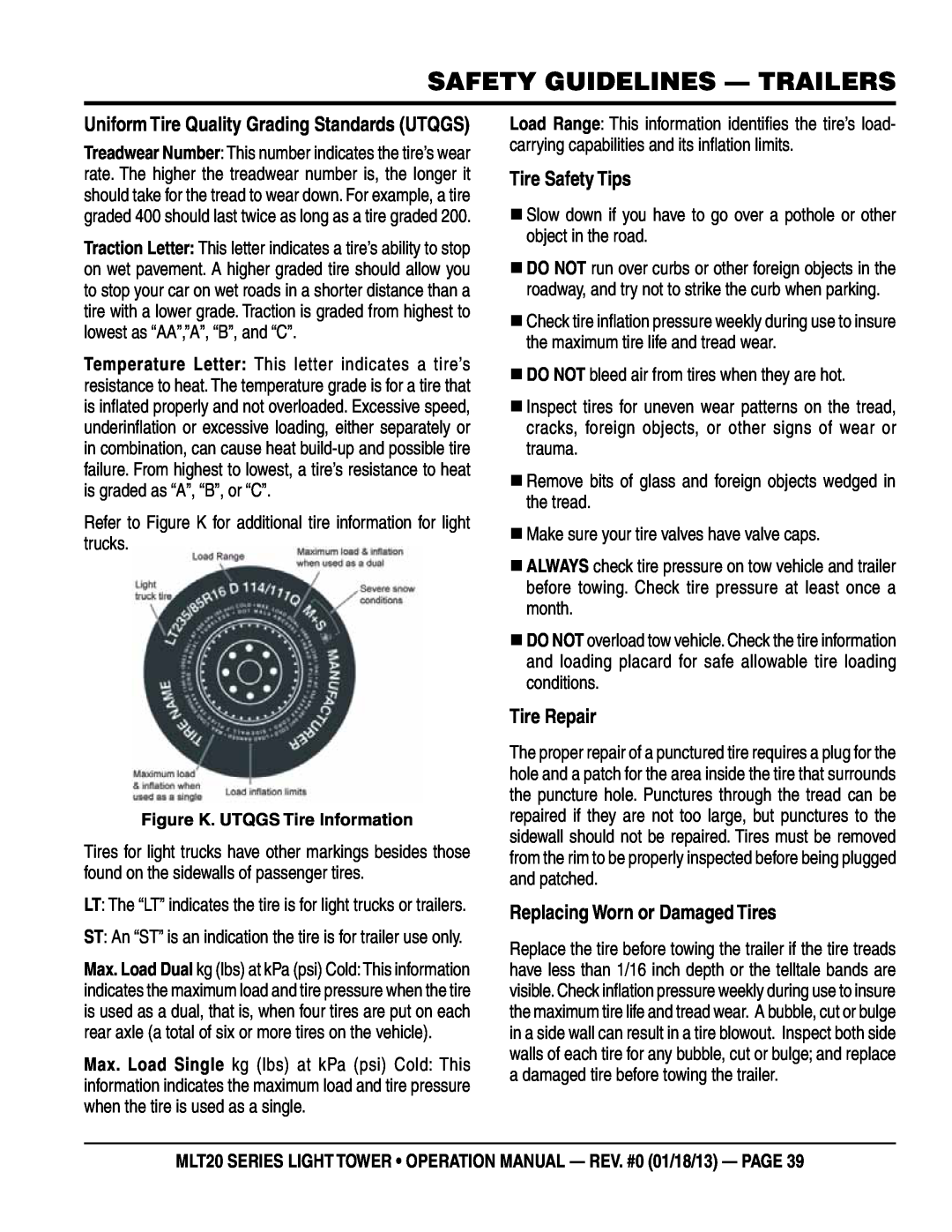 Multi Tech Equipment MLT20DCA6 operation manual Tire safety Tips, Tire Repair, Replacing Worn or Damaged Tires 