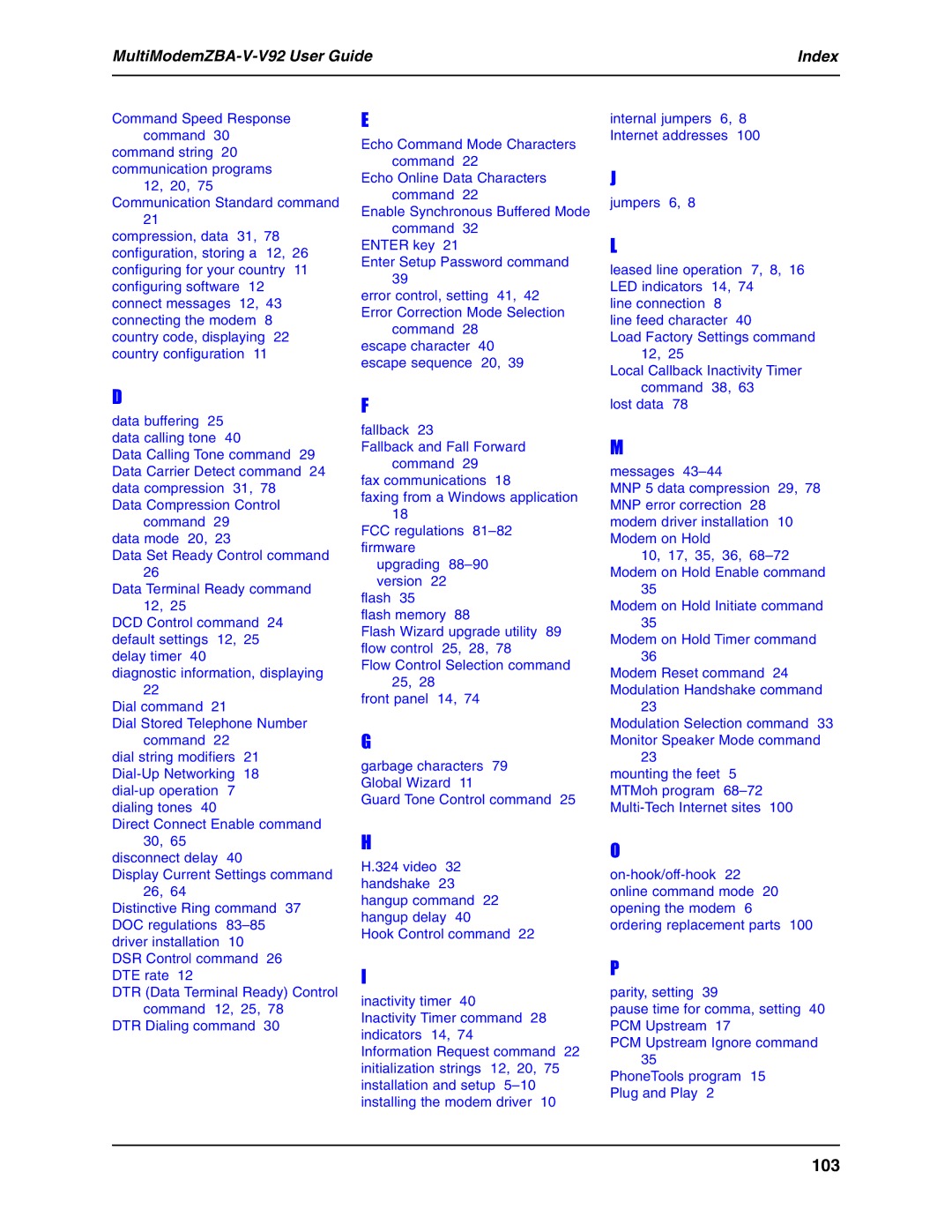 Multi Tech Equipment MT5634ZBA-V-V92 manual 103, MultiModemZBA-V-V92 User Guide Index 