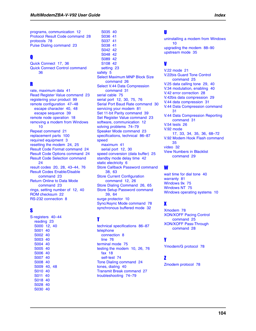 Multi Tech Equipment MT5634ZBA-V-V92 manual 104 