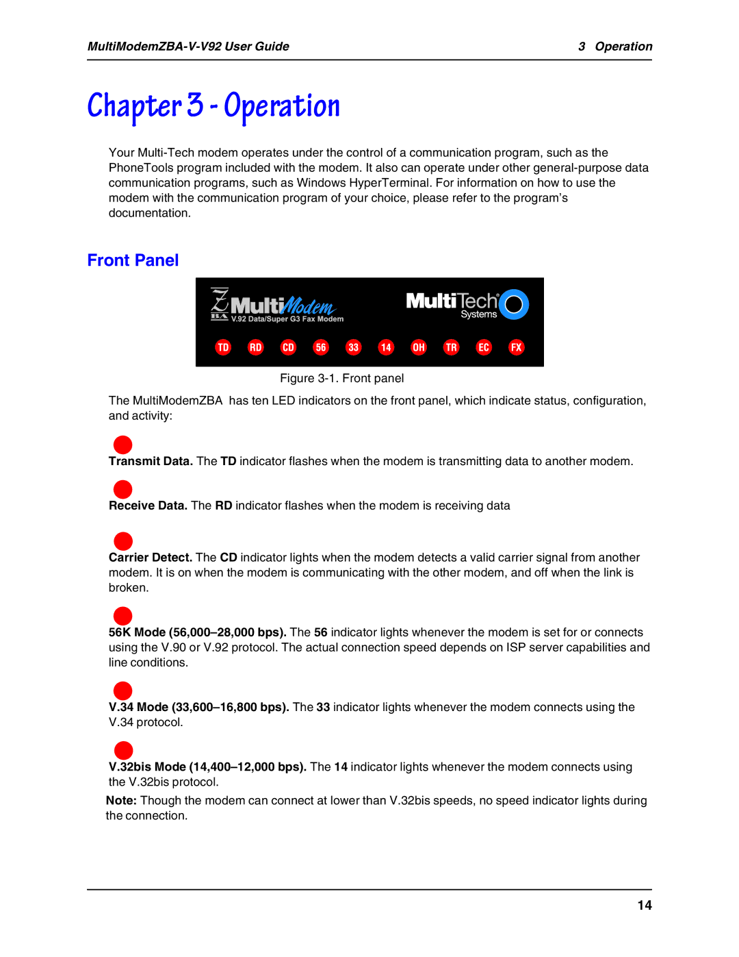 Multi Tech Equipment MT5634ZBA-V-V92 manual Front Panel, MultiModemZBA-V-V92 User Guide Operation 